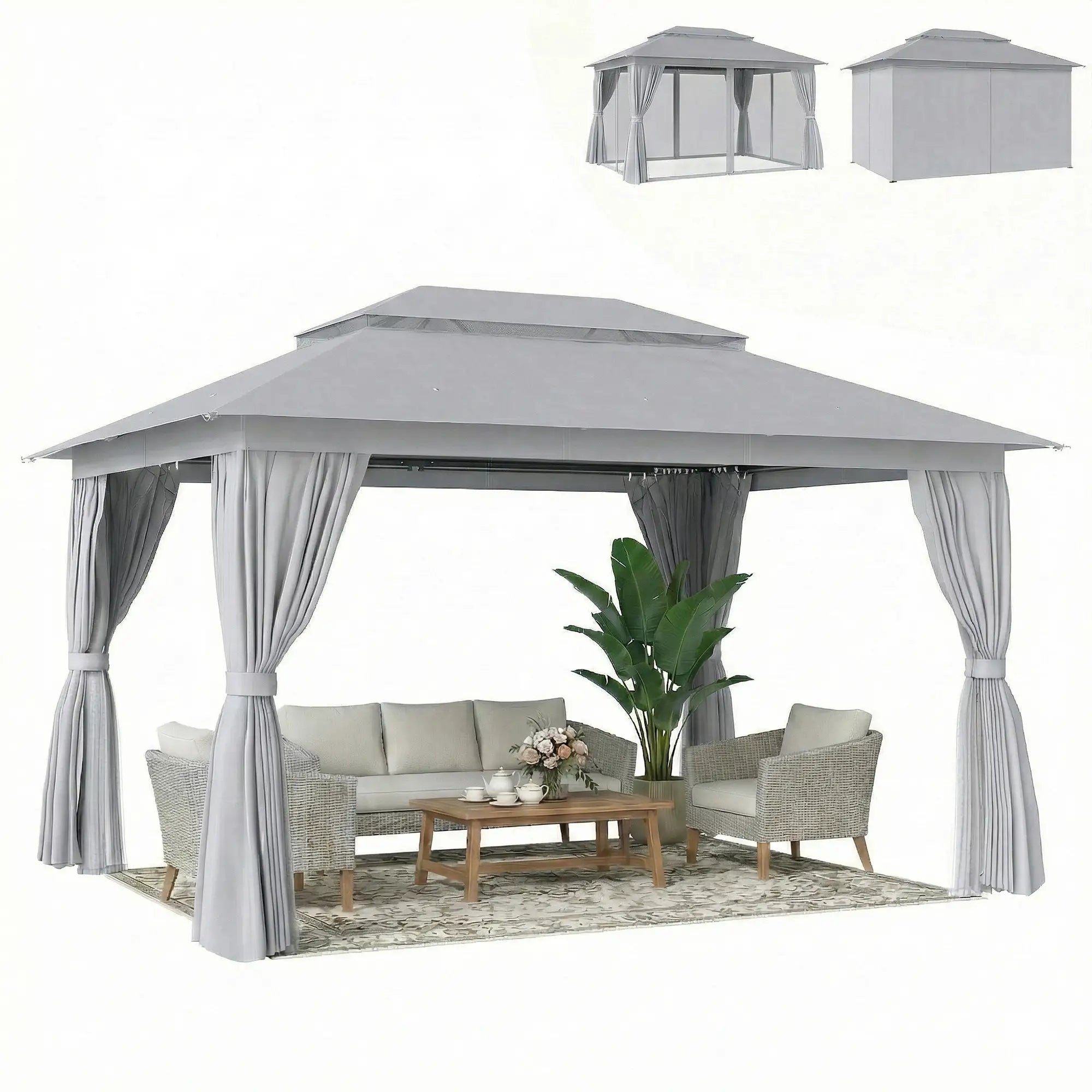 10' x 13' Patio Gazebo, UPF50+ Double Roof, Steel Frame, Dark Grey Gazebos at Gallery Canada