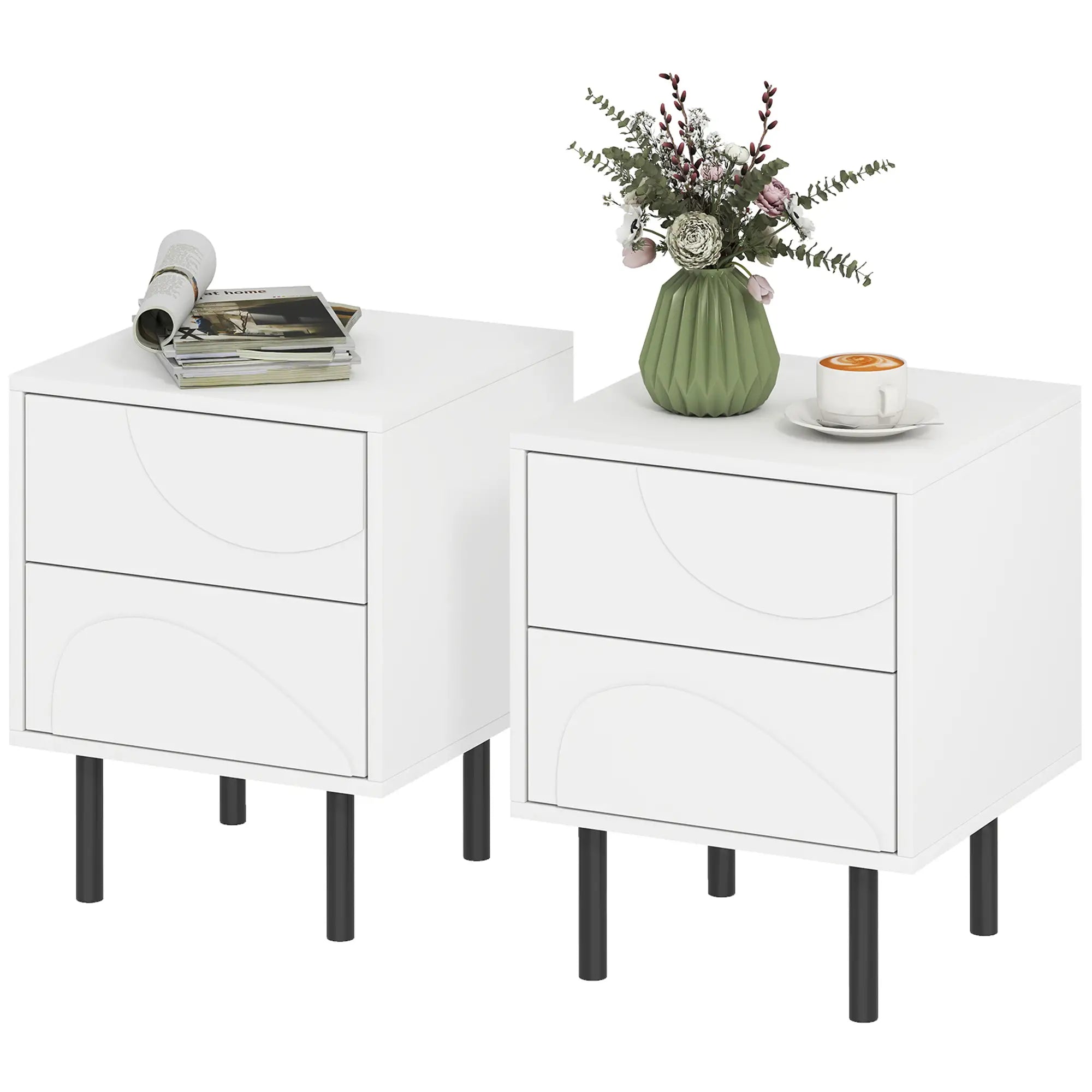 Modern Nightstand Set of 2, Push-to-Open Drawers, Steel Legs, White Bedside Tables Black, White at Gallery Canada