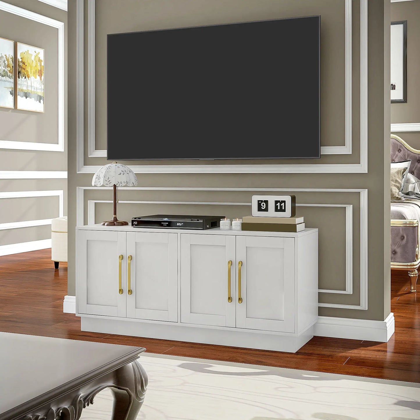 Modern TV Stand for 55" TV, Cabinet with 4 Doors, 2 Shelves, White TV Stands at Gallery Canada