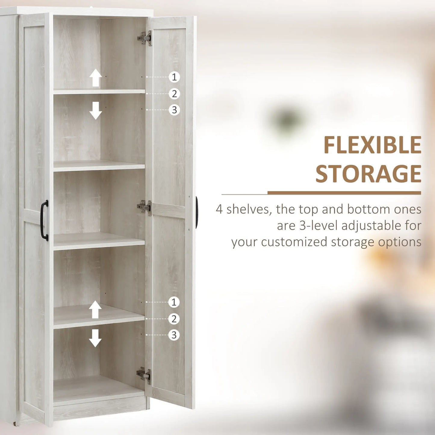 63" Kitchen Storage Cabinet, 5-Tier Pantry with Doors, Adjustable Shelves, Distressed, White Kitchen Pantry Cabinets at Gallery Canada