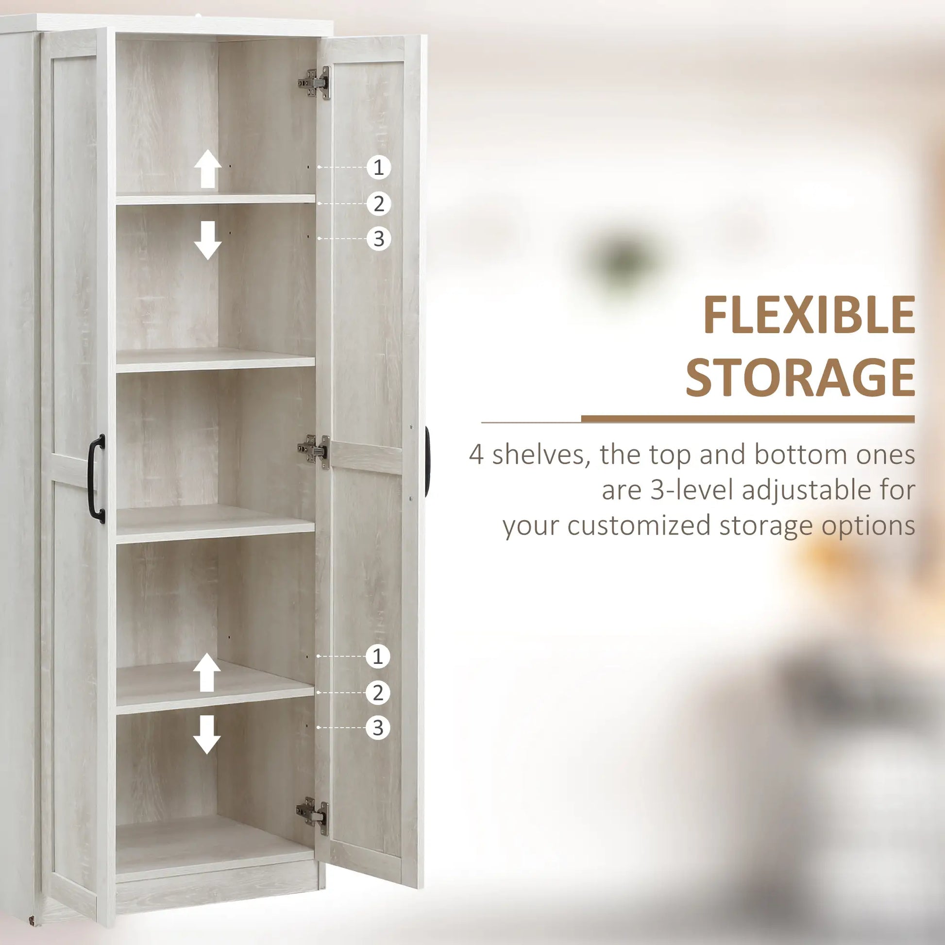 63" Kitchen Storage Cabinet, 5-Tier Pantry with Doors, Adjustable Shelves, Distressed, White Kitchen Pantry Cabinets at Gallery Canada