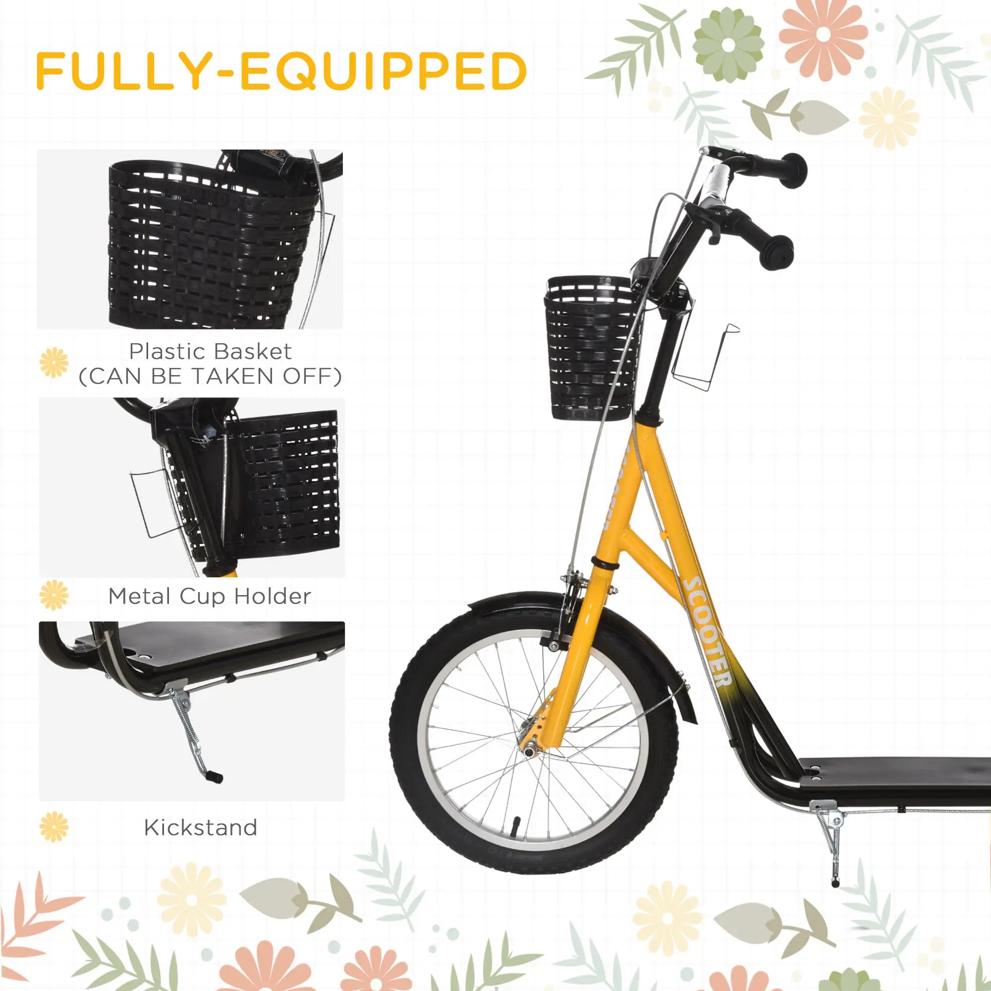 Kids Kick Scooter, Adjustable Handlebar, 2 Brakes, Basket, 16