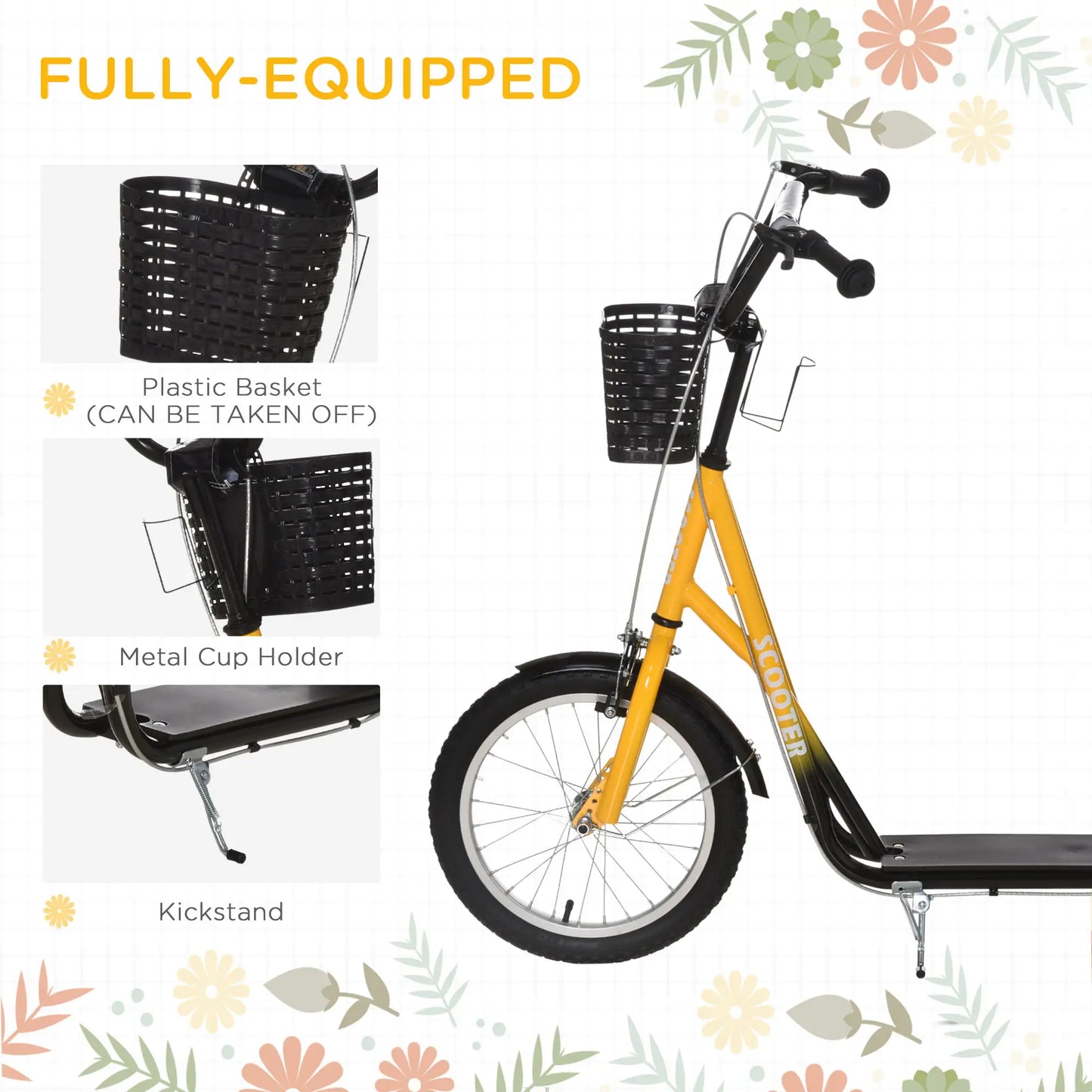 Kids Kick Scooter, Adjustable Handlebar, 2 Brakes, Basket, 16", Orange Scooters at Gallery Canada