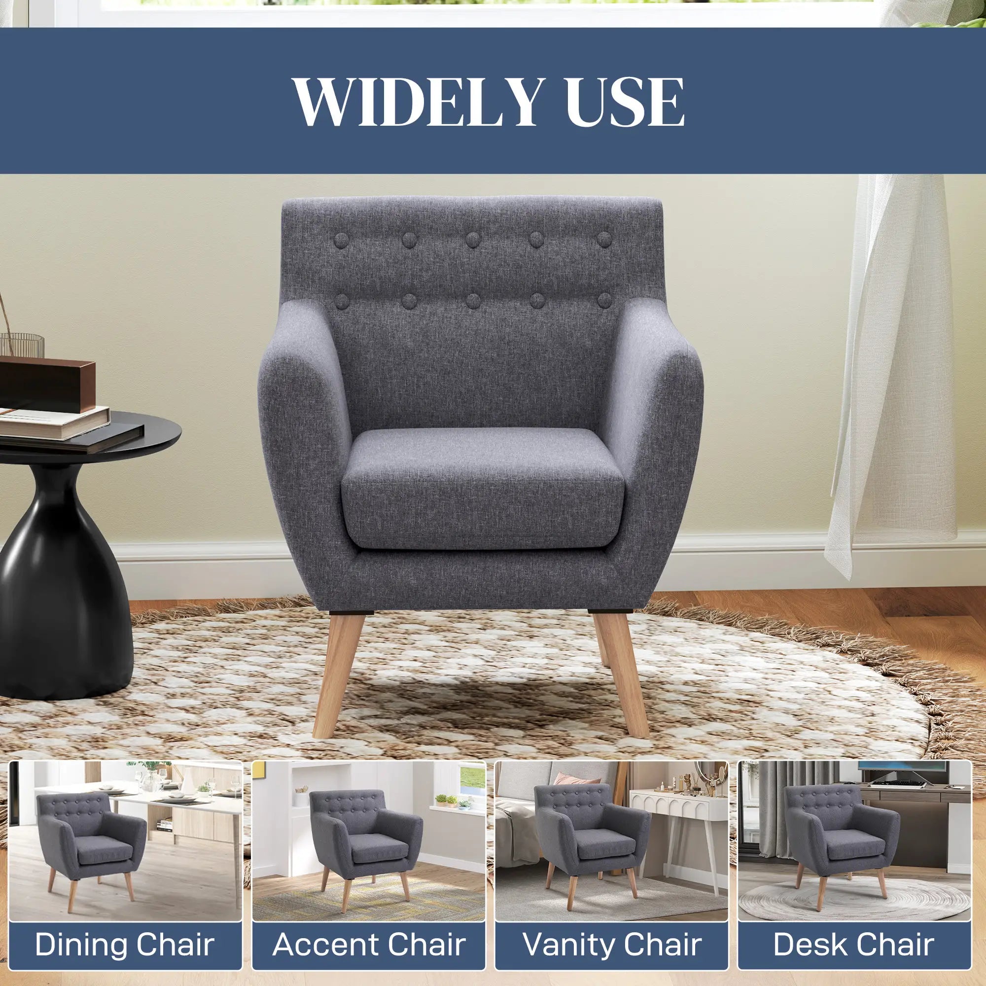 Mid-Century Modern Linen Armchair, Wood Frame, Thick Padding, Light Grey Accent Chairs at Gallery Canada