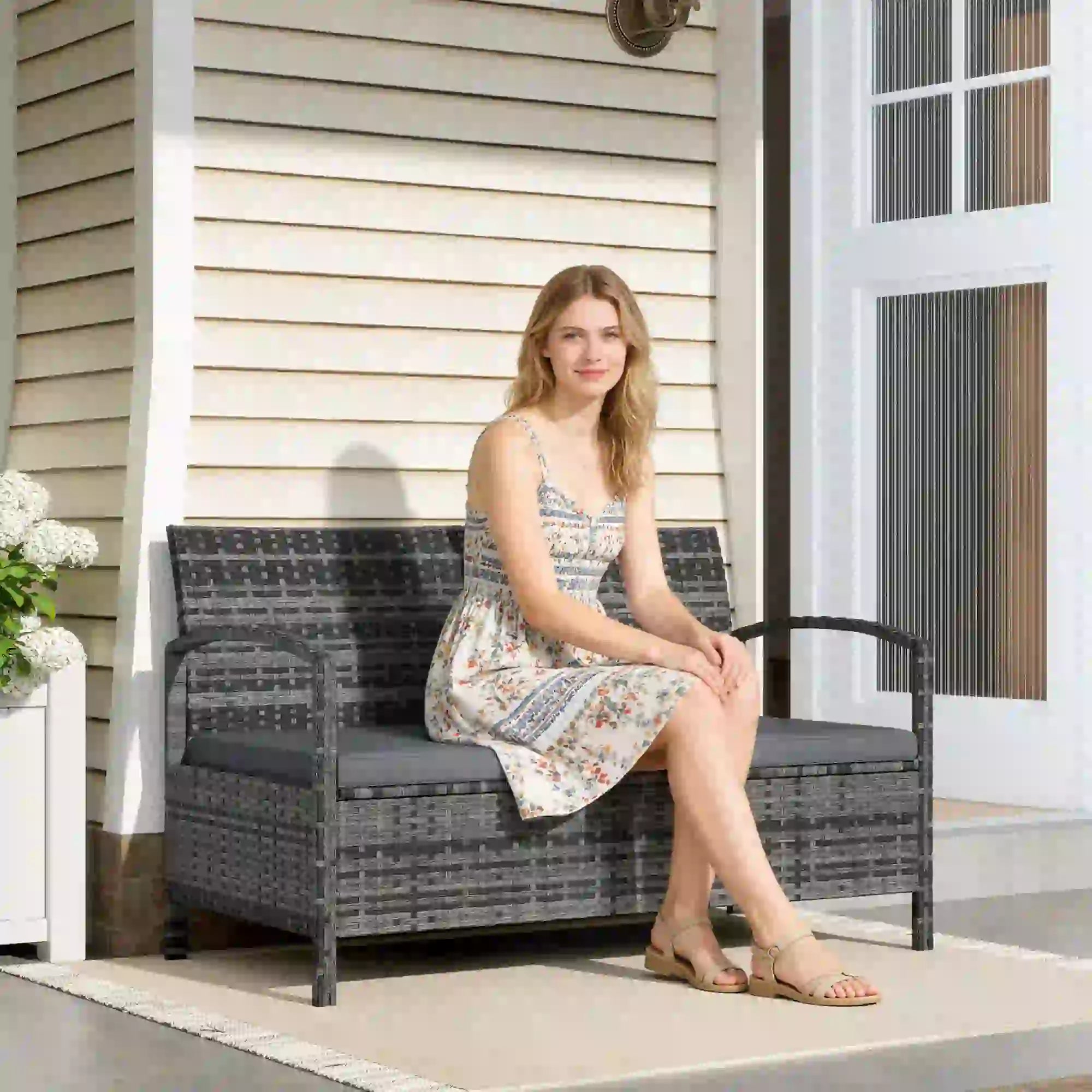 33 Gallon Outdoor Storage Bench, Wicker Deck Box Patio Seat, Grey Outdoor Benches at Gallery Canada