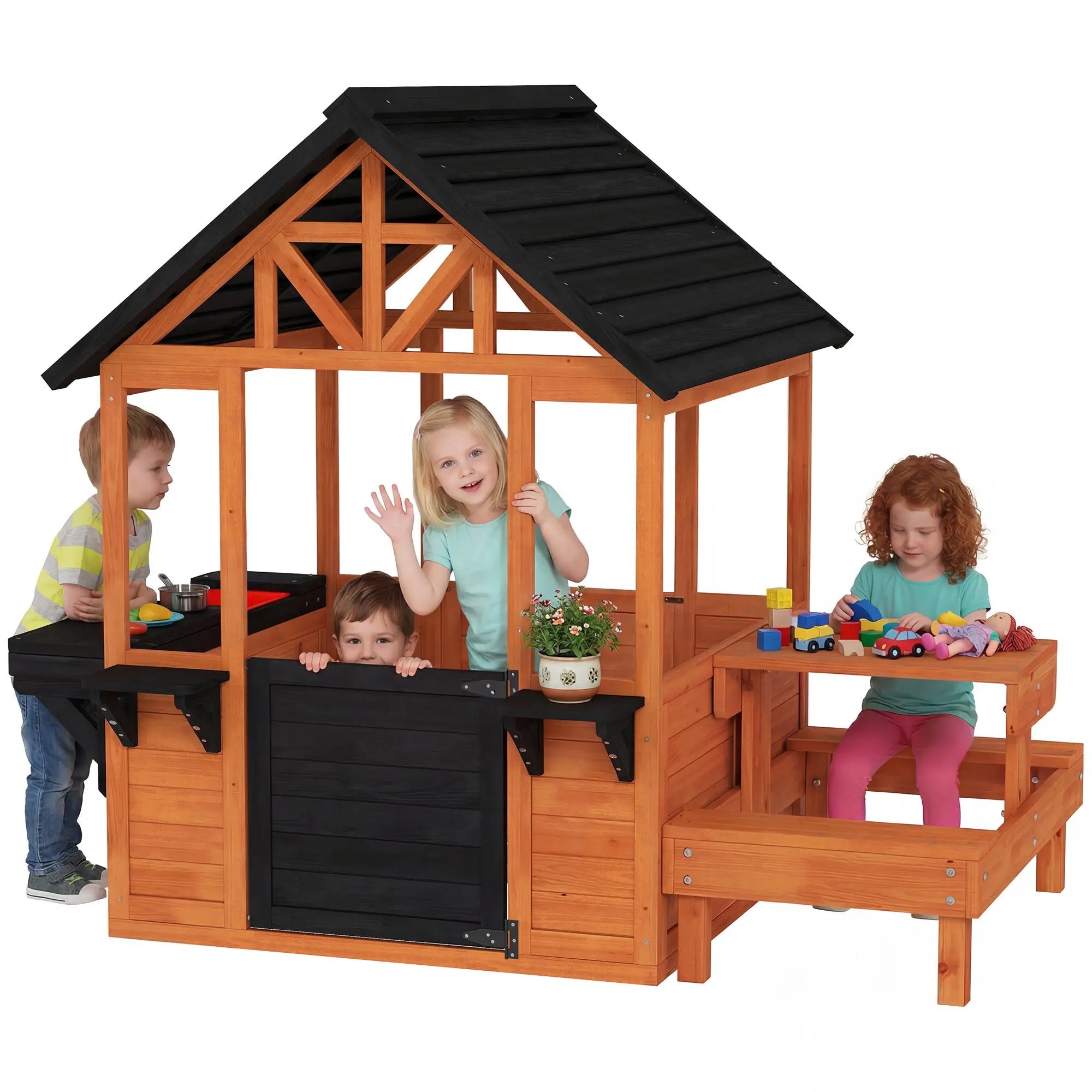 Wooden Playhouse With Table, Benches, Sink, Windows, Flowerpot Holders, Brown Play Houses at Gallery Canada