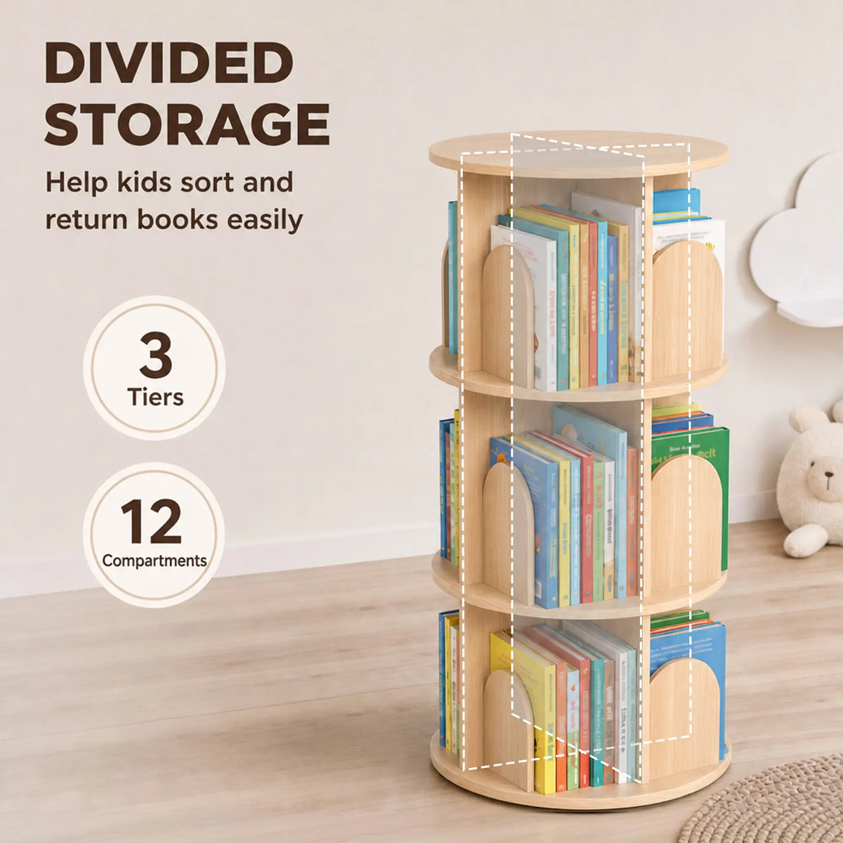 3-Tier Rotating Bookshelf, 360° Revolving Bookcase, Natural Baby & Kids Storage at Gallery Canada