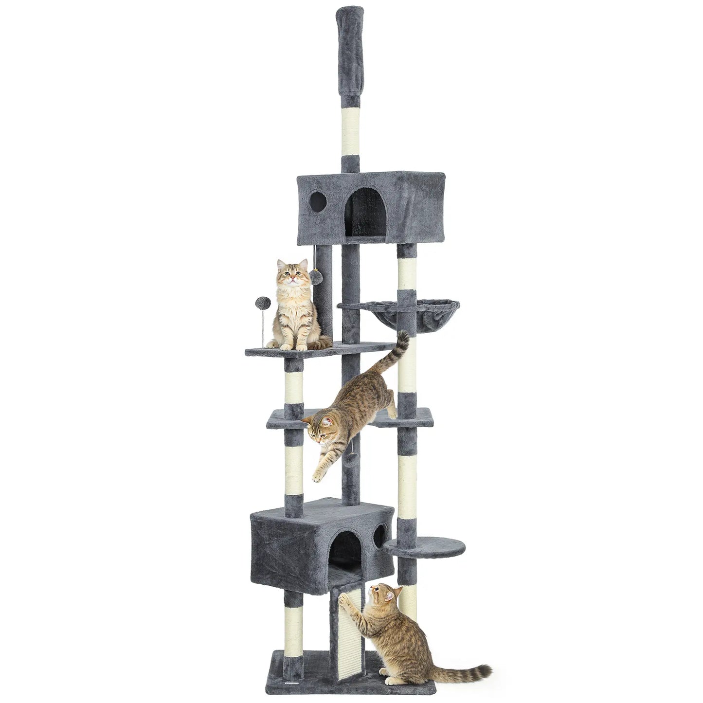 Floor To Ceiling Cat Tree, 230-250cm, 2 Condos, Hammock, Sisal Posts, Dark Grey