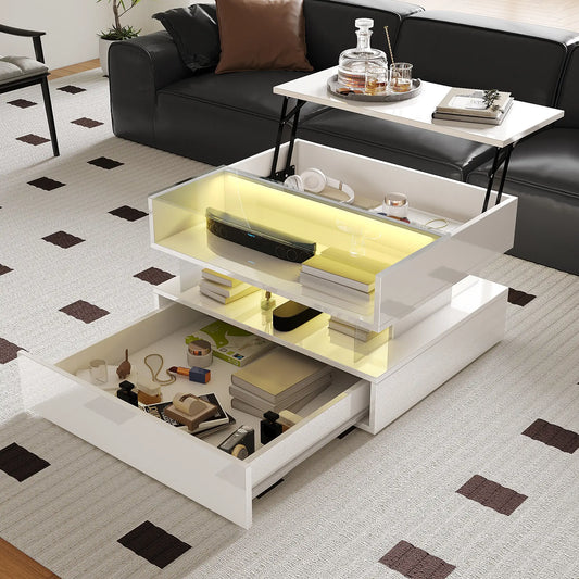 Glass Top LED Coffee Table, Storage Drawer, Adjustable Height, 26" L x 21.5" W x 21.5" H, White Coffee Tables White at Gallery Canada