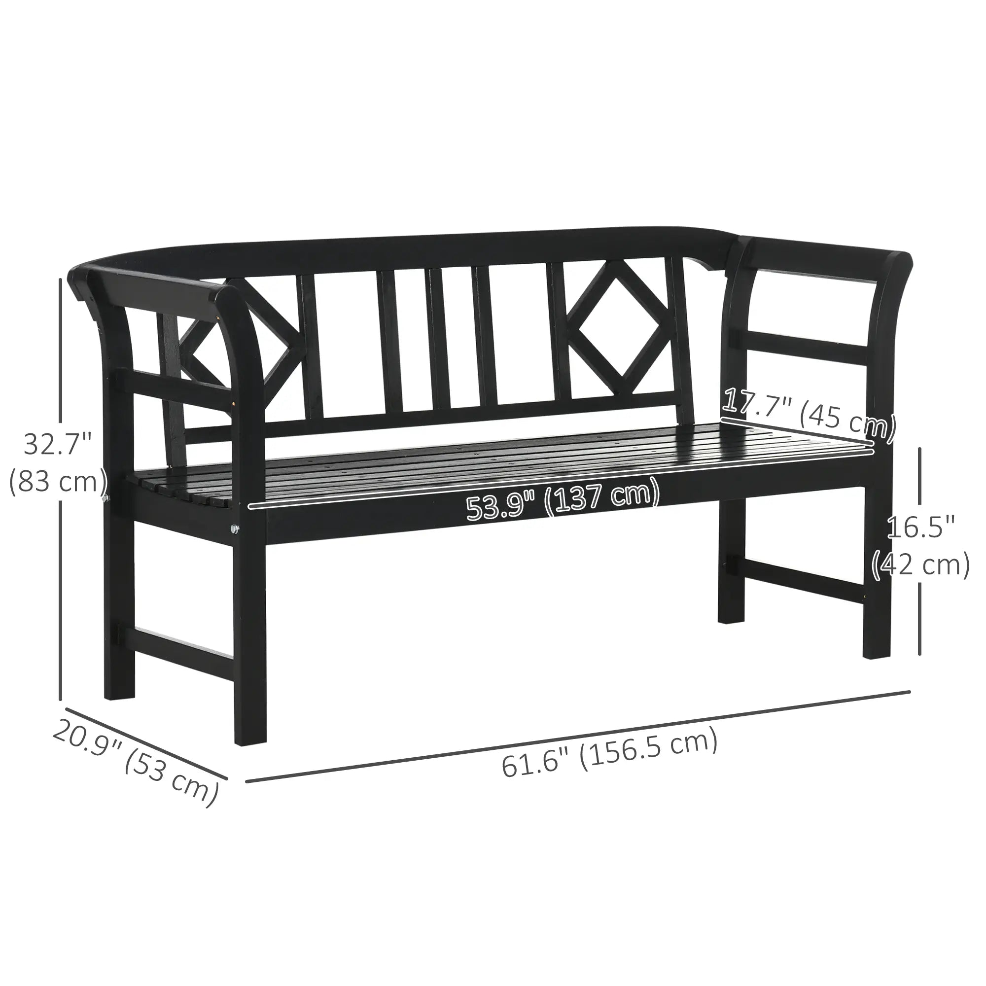 Wooden Outdoor Bench, 3 Person, Diamond Backrest, Slatted Seat, 792 LBS, Black Outdoor Benches at Gallery Canada