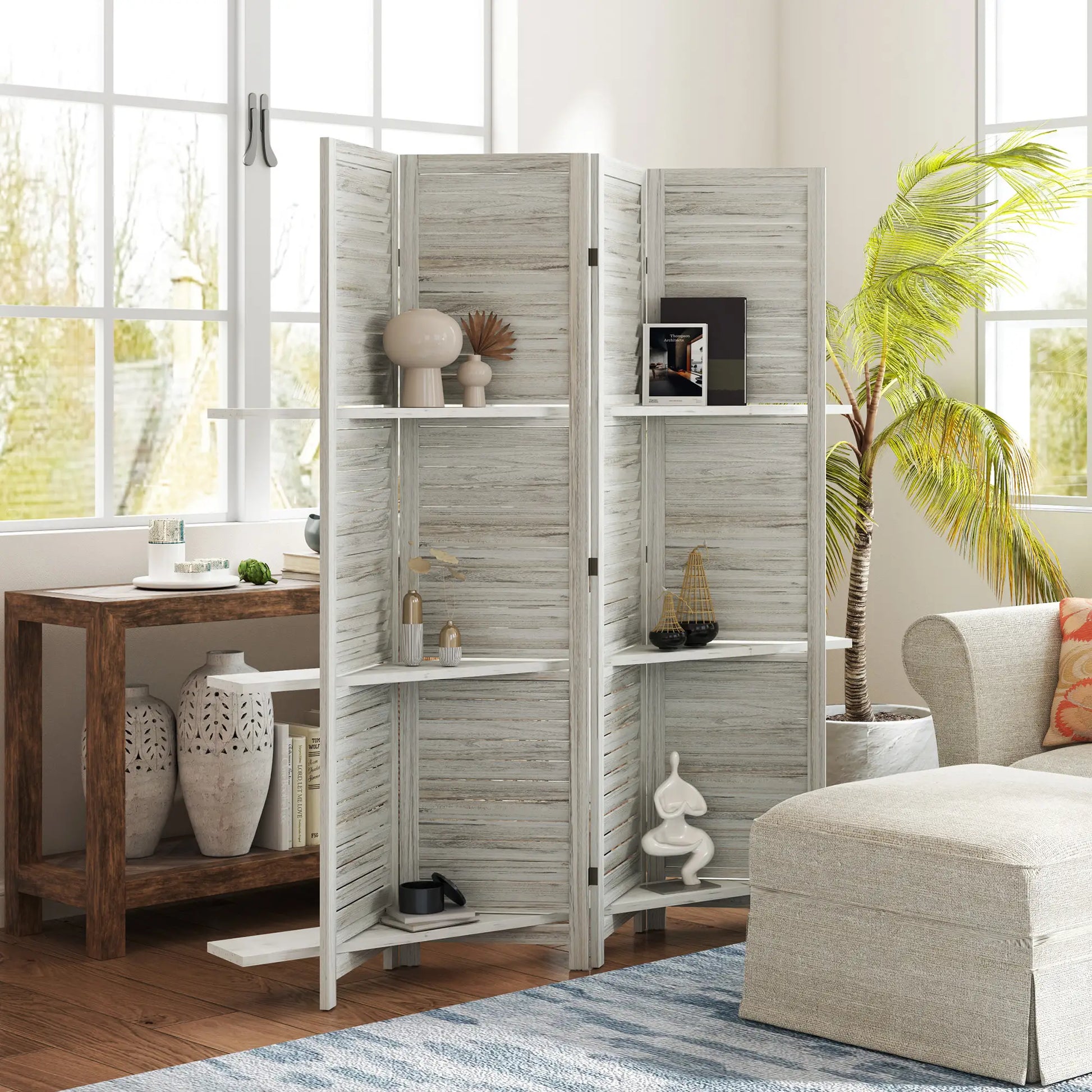 4-Panel Wall Partition, 3 Storage Shelves, Foldable, Wooden Frame, 5.6FT, Distressed White, White Room Dividers at Gallery Canada