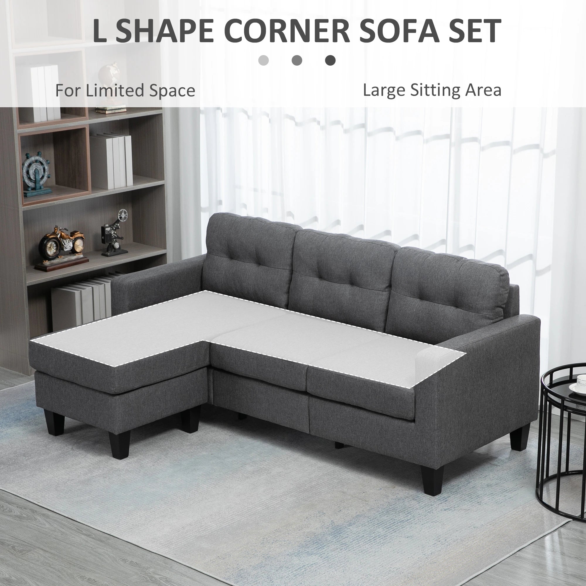 L-Shaped Sofa, 3 Seater with Ottoman, Dark Grey 3-Seater Sofas at Gallery Canada