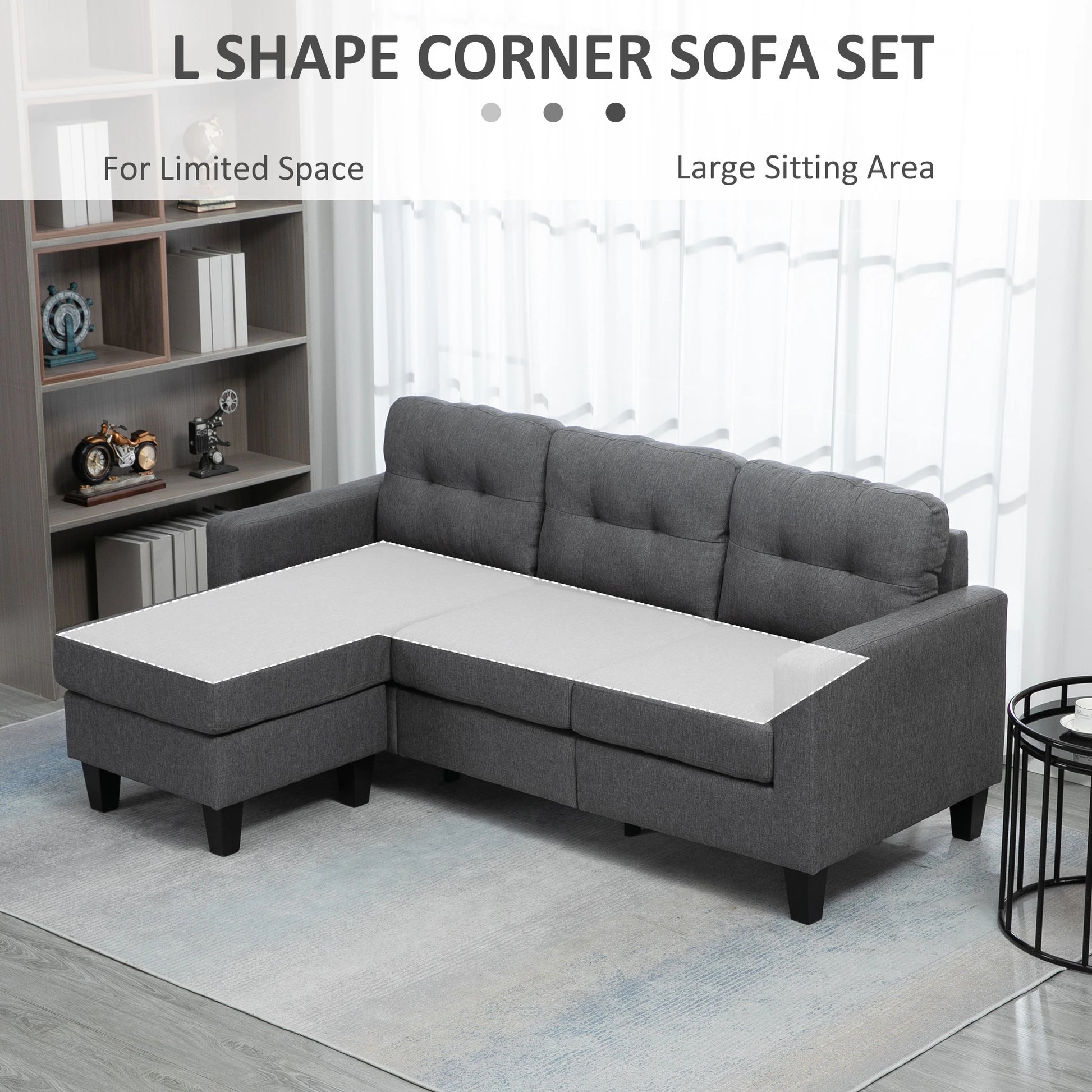 L-Shaped Sofa, 3 Seater with Ottoman, Dark Grey 3-Seater Sofas at Gallery Canada