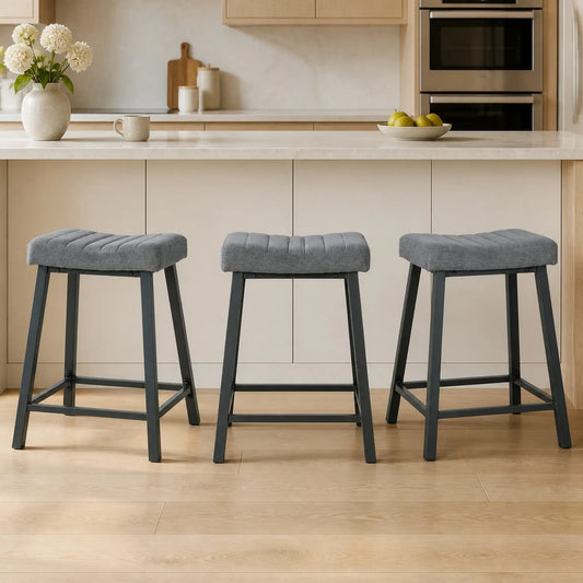 Set of 3 Velvet Bar Stools, Curved Seat with Footrest, Grey Bar Stools Grey, Black at Gallery Canada