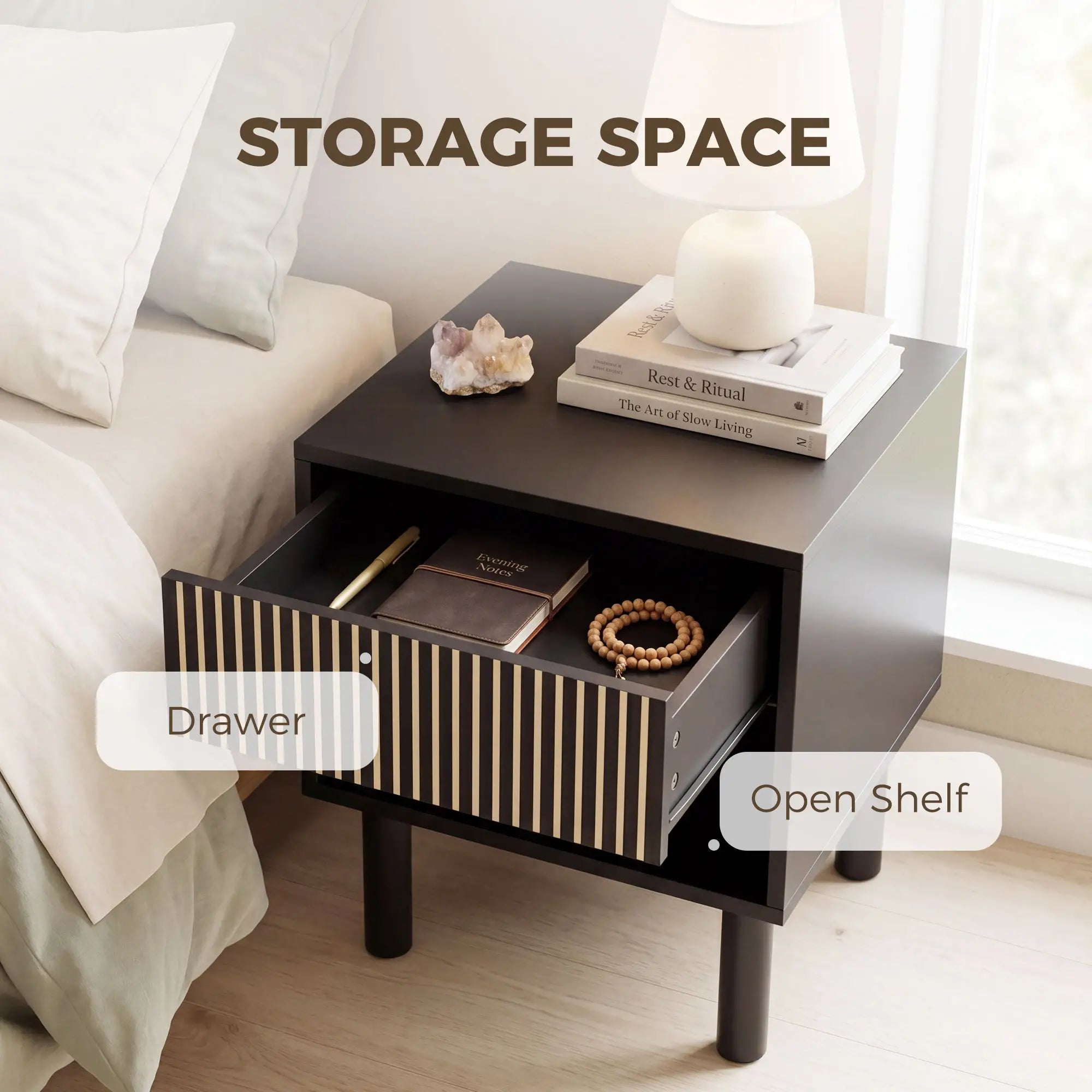 Modern Bedside Table with Drawer and Open Shelf, Sofa Side Table for Bedroom Living Room, Set of 2, Black Bedside Tables at Gallery Canada