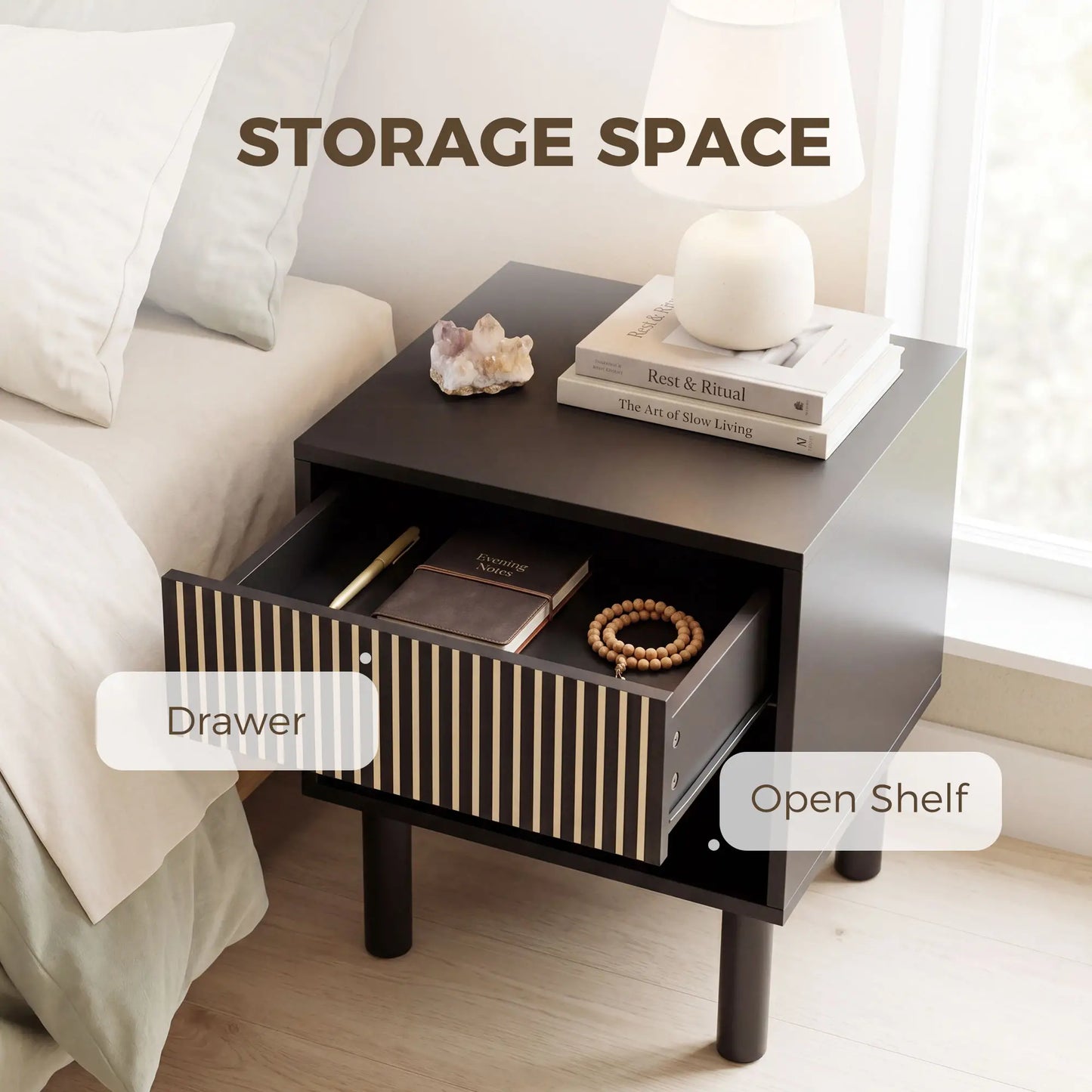 Modern Bedside Table with Drawer and Open Shelf, Sofa Side Table for Bedroom Living Room, Set of 2, Black Bedside Tables at Gallery Canada