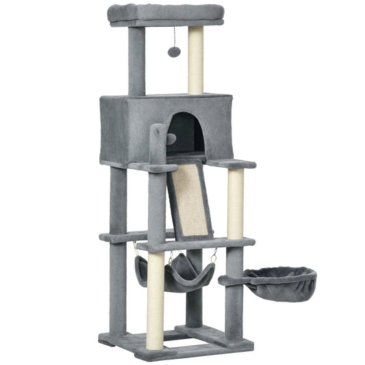 55" Cat Tree, Cat Tower with Bed, Ramp, Hammocks, Toys, Grey Cat Towers Grey, Cream at Gallery Canada