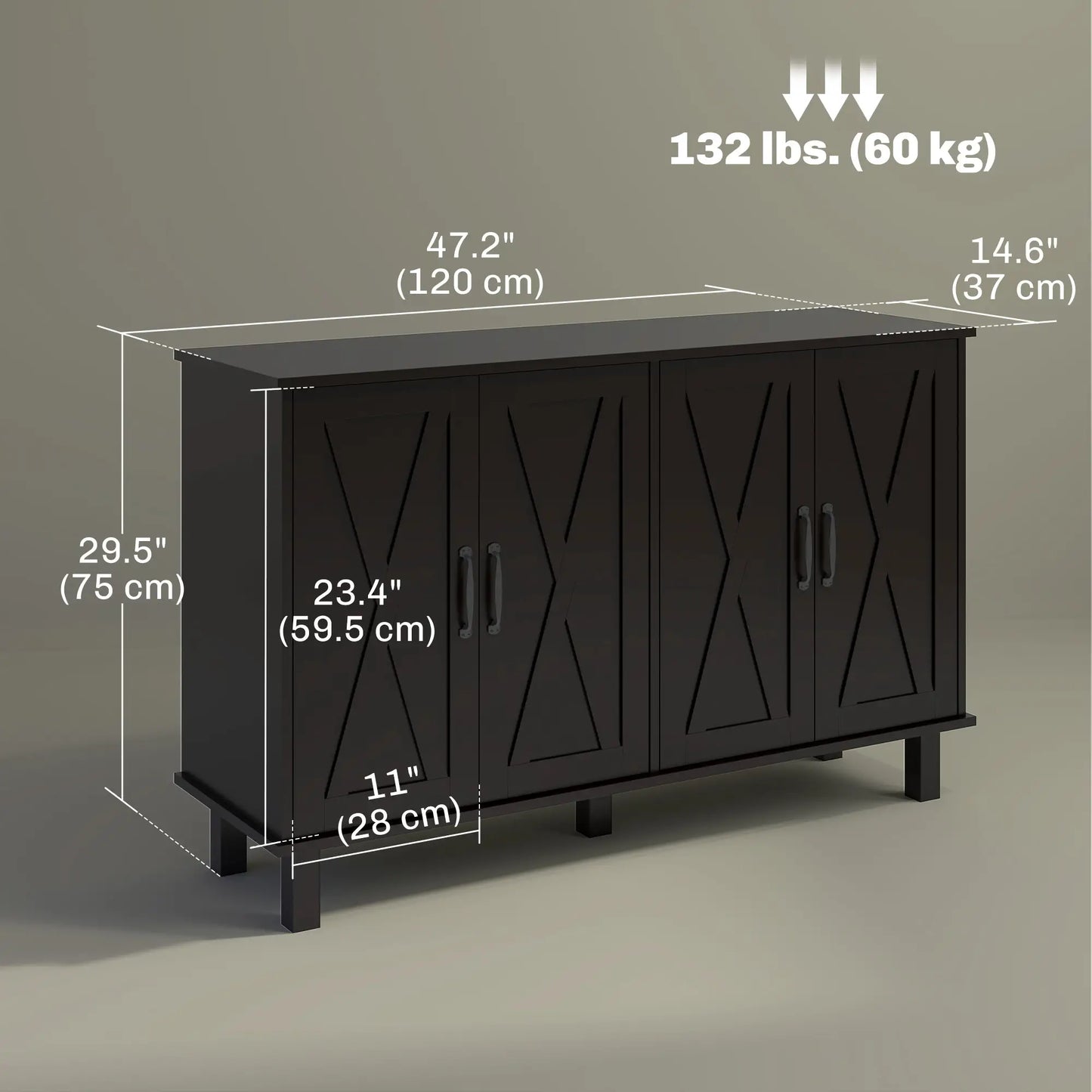 Kitchen Sideboard Cabinet, 4 Barn Doors, 2 Adjustable Shelves, Black Bar Cabinets at Gallery Canada
