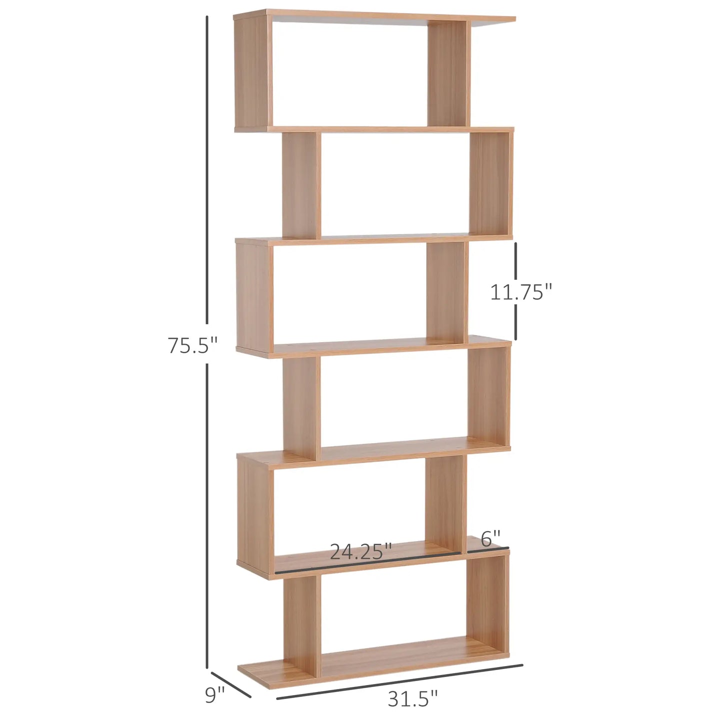 76" 6-Tier Geometric Wooden Bookcase, S Shaped Storage Display, Maple Display Bookshelves at Gallery Canada