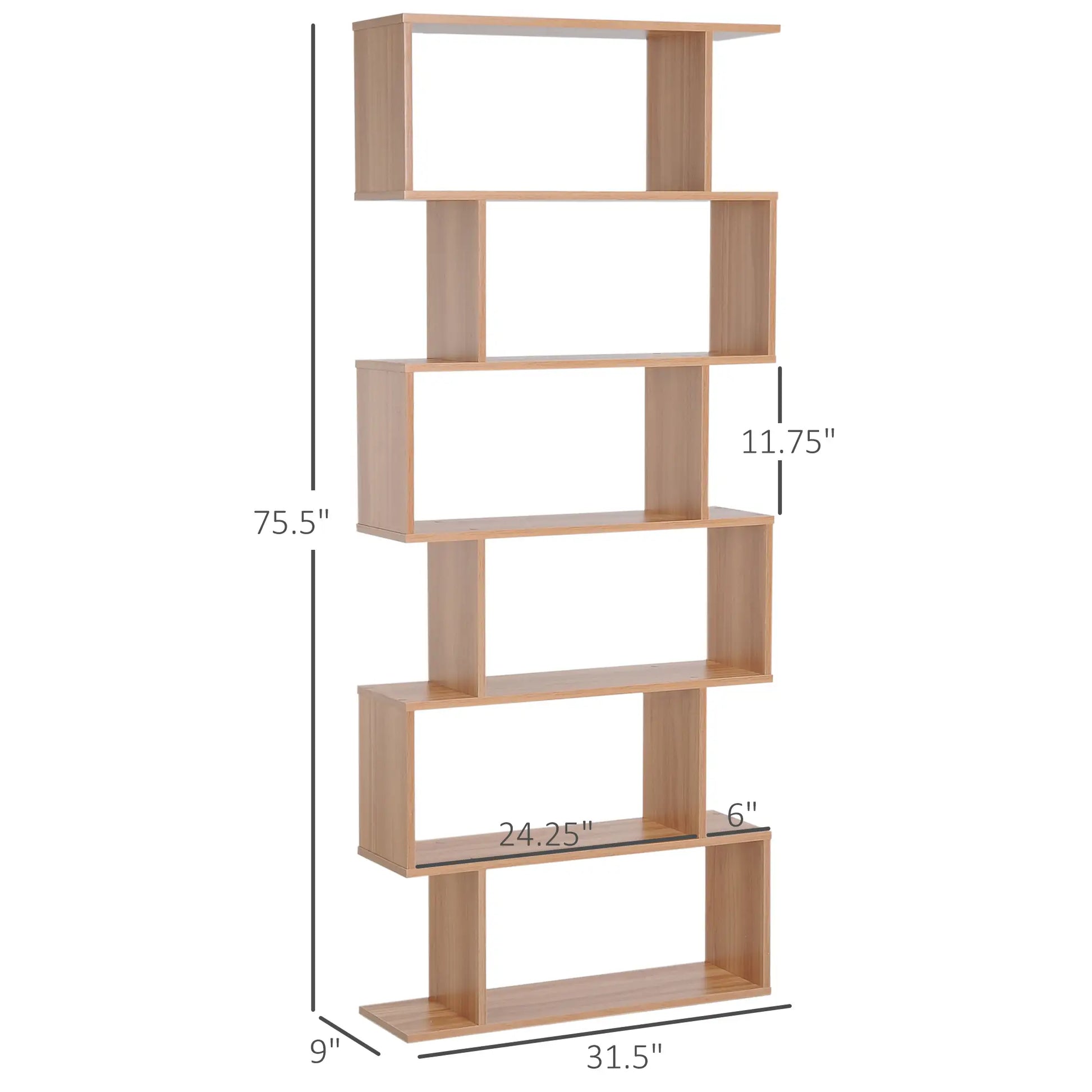 76" 6-Tier Geometric Wooden Bookcase, S Shaped Storage Display, Maple Display Bookshelves at Gallery Canada
