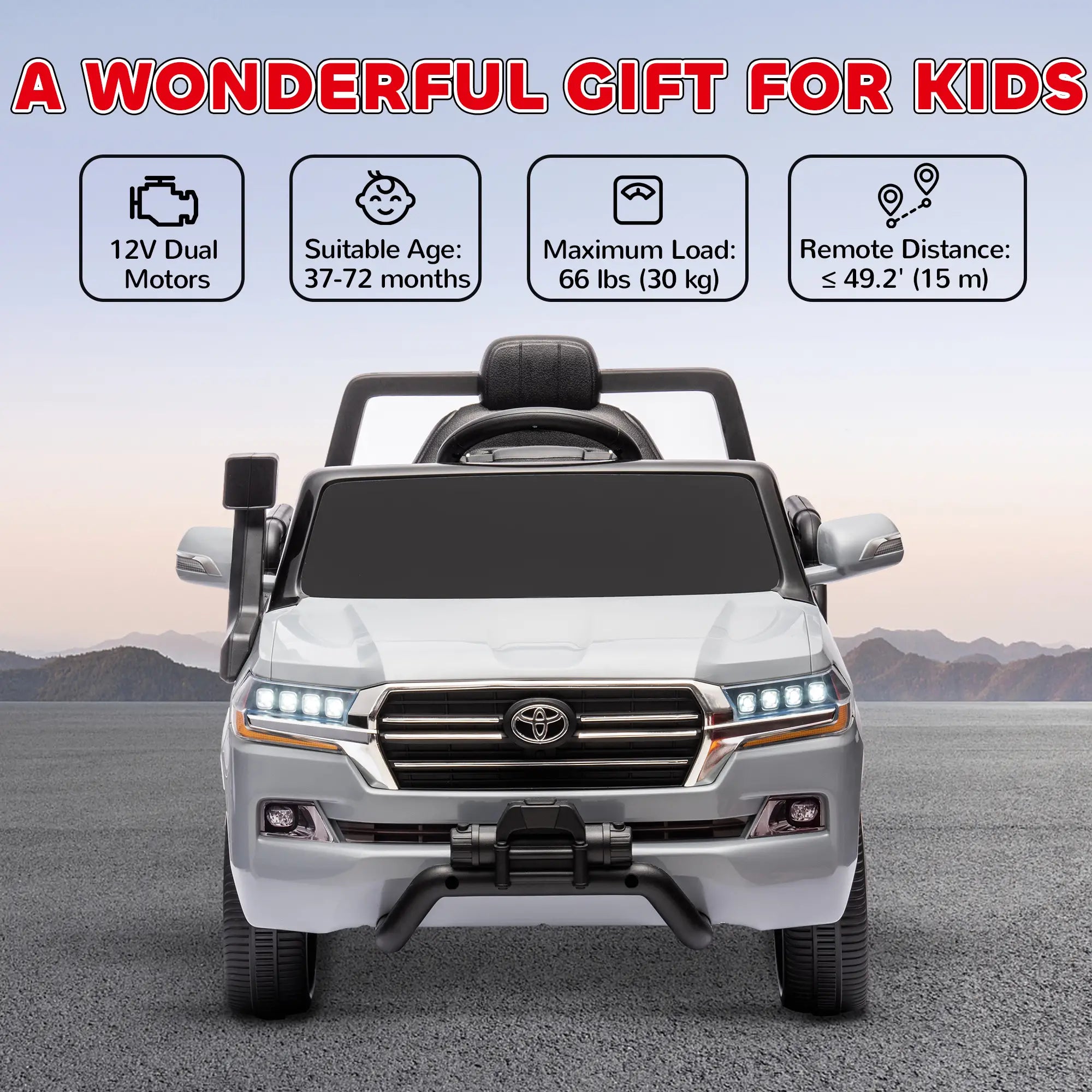 12V Kids Car, Remote Control, Four Wheel Spring Suspension, LED Light, Grey Electric Toy Cars at Gallery Canada