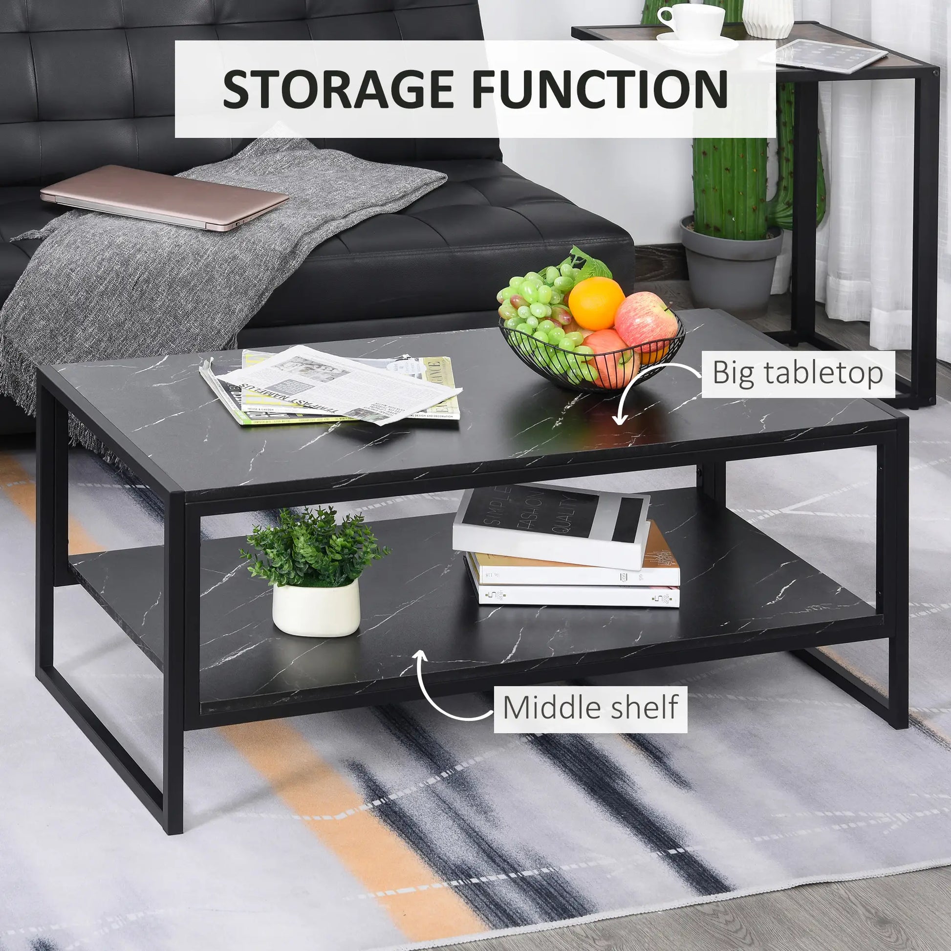 2-Tier Coffee Table with Storage, Marble Textured Top, Black Coffee Tables at Gallery Canada
