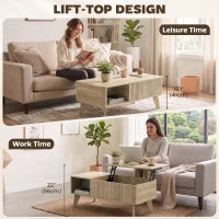 Table basse relevable cannelée de 40 pouces, rangement, chêne