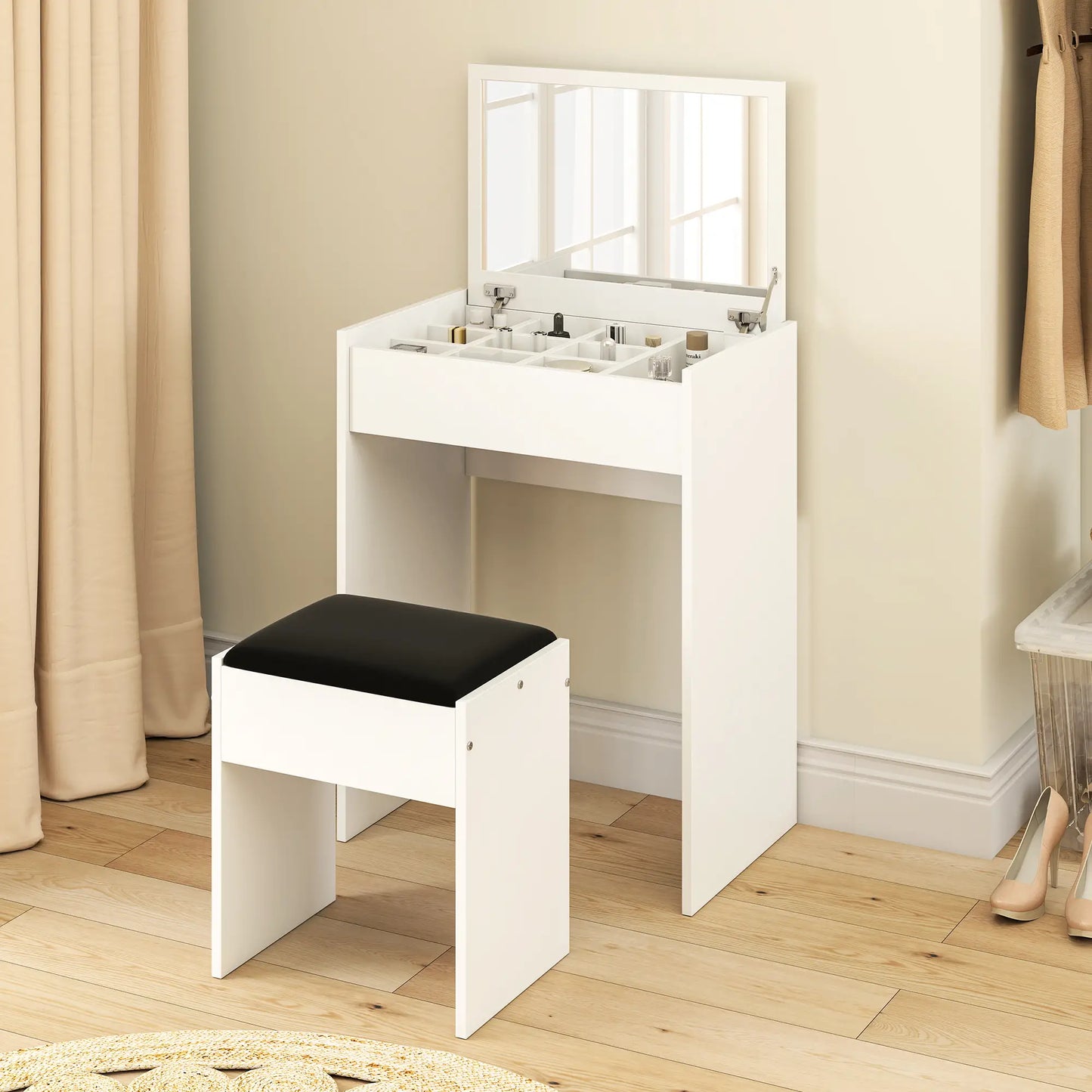 Ensemble de coiffeuse moderne, table de maquillage avec tabouret rembourré, miroir rabattable, blanc