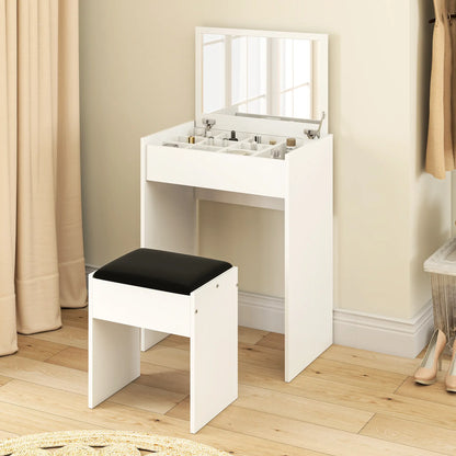 Ensemble de coiffeuse moderne, table de maquillage avec tabouret rembourré, miroir rabattable, blanc