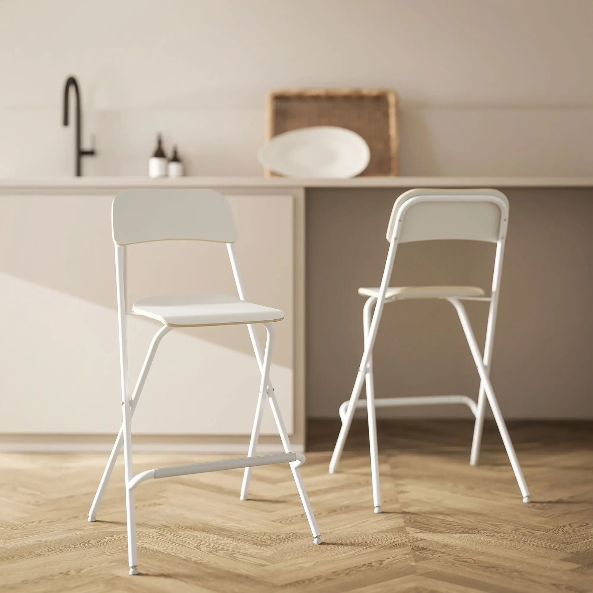 Folding Bar Stools Set of 2, Counter Height, Wooden Effect Seat, Steel Frame, White Bar Stools at Gallery Canada