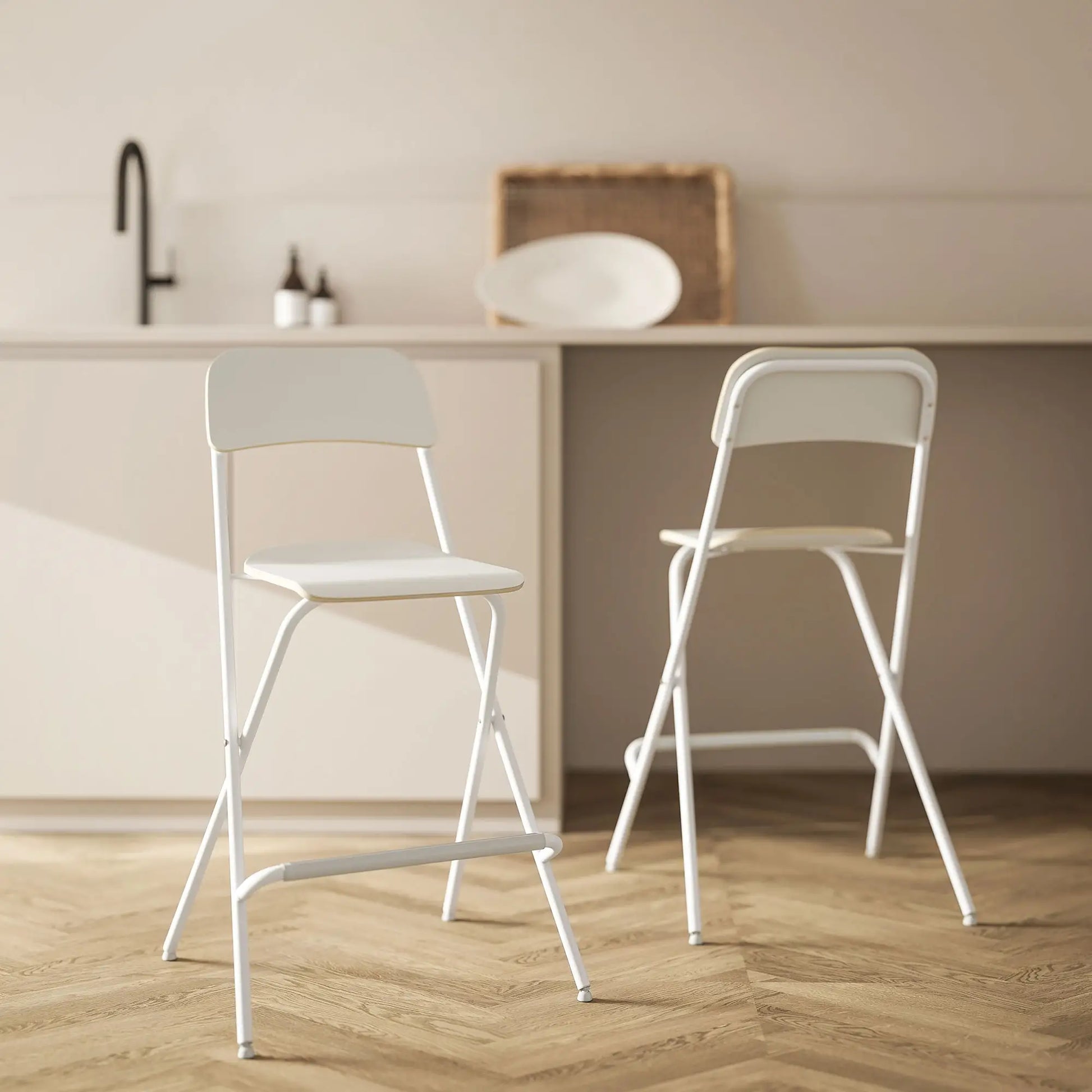 Folding Bar Stools Set of 2, Counter Height, Wooden Effect Seat, Steel Frame, White Bar Stools at Gallery Canada
