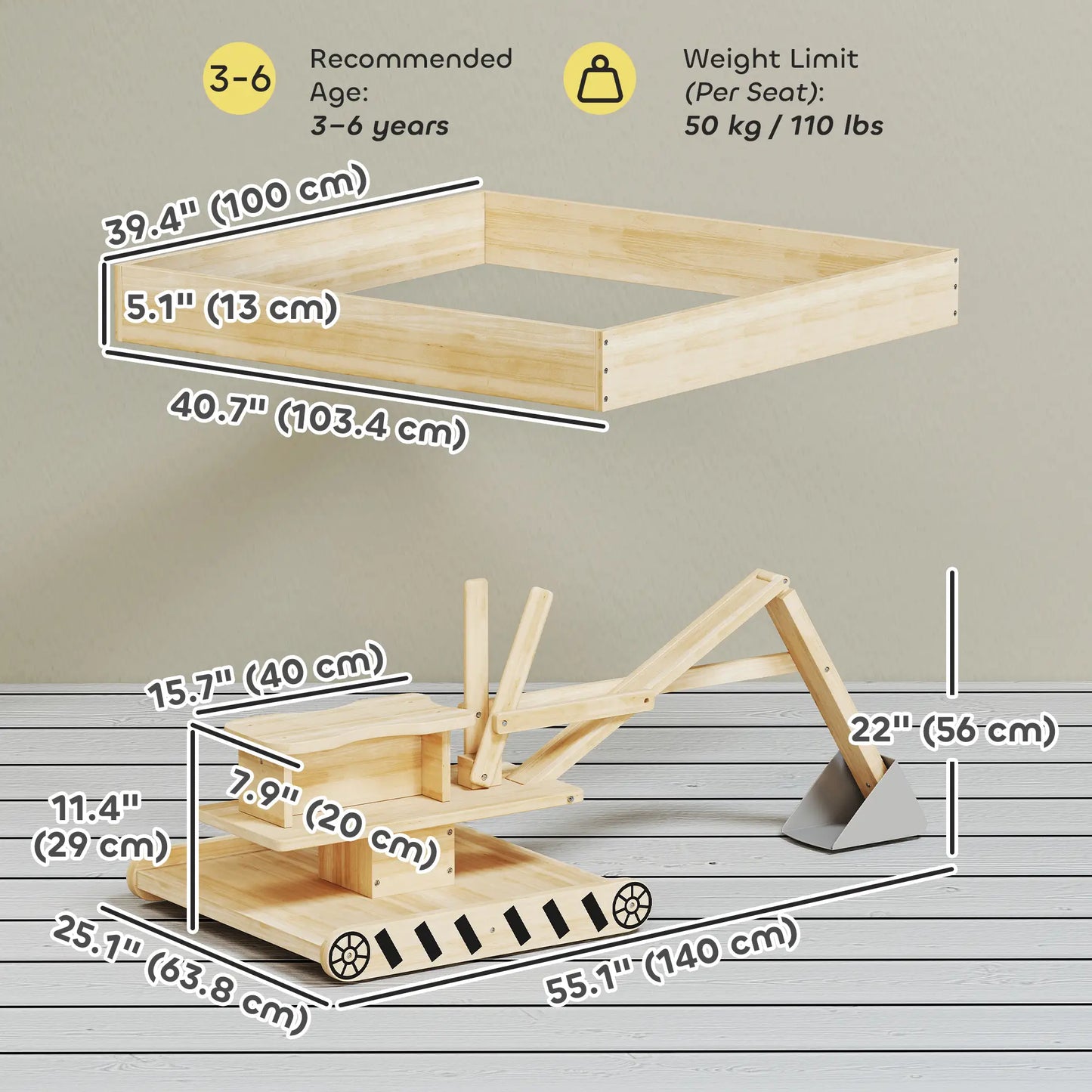 Wooden Sandbox With Digger, 72" X 35" X 22", 360° Rotating Seat Sandboxes & Accessories at Gallery Canada
