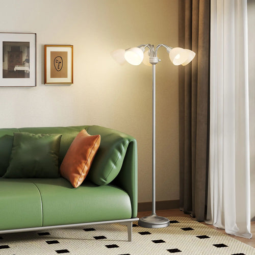 Arc Tree Floor Lamp with 5 Adjustable Rotating Lights, Modern Standing Gooseneck Reading Light for Living Room Bedroom Office, Satin Nickel