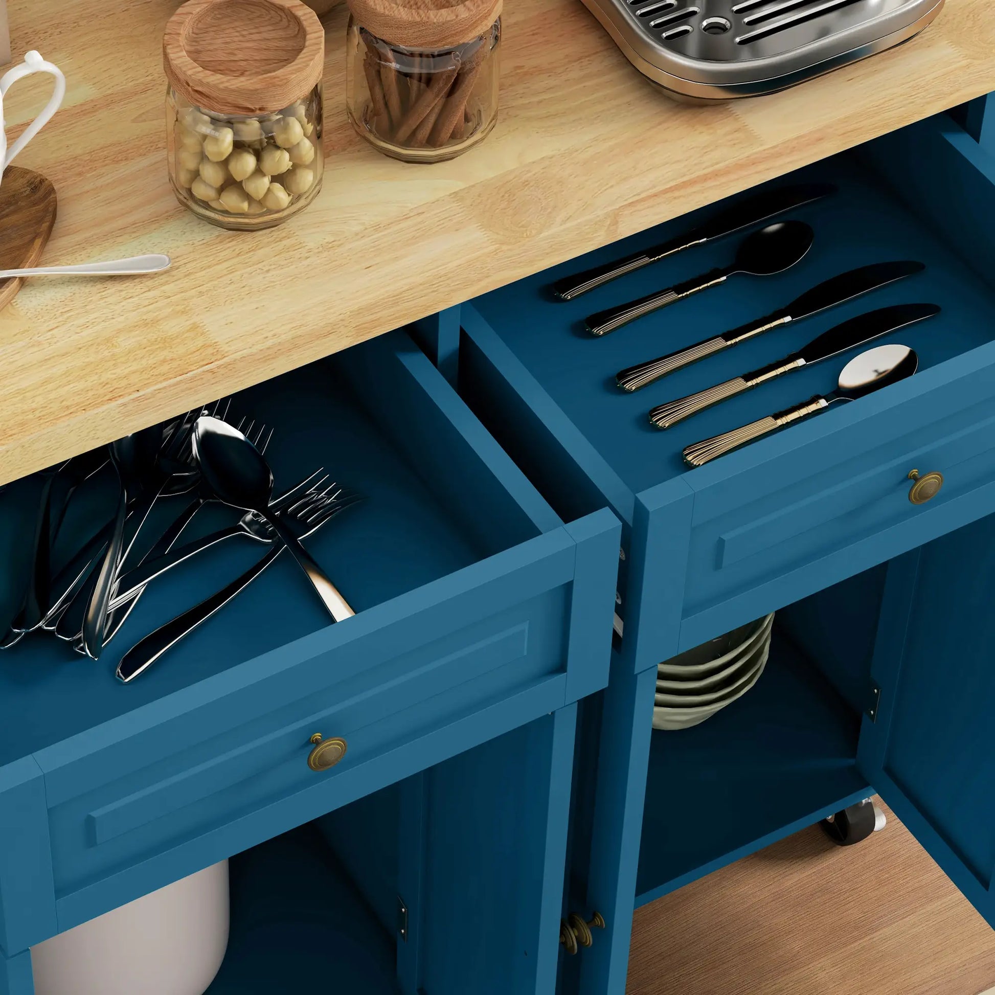 Kitchen Island with Storage, Rolling Cart, Rubber Wood Top, Blue Kitchen Islands & Kitchen Carts at Gallery Canada