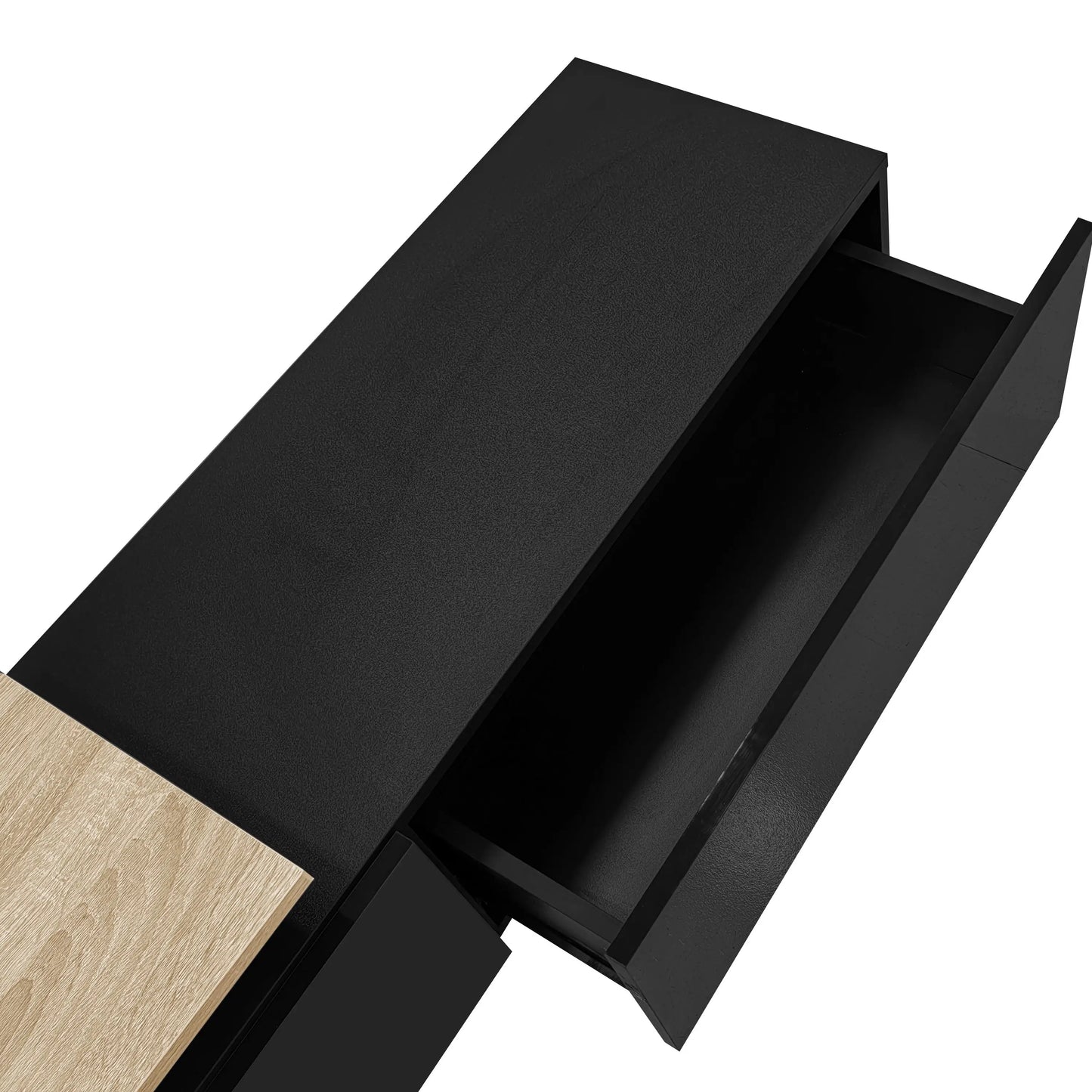 TV Cabinet With Glass Shelves, LED Lighting, 67" L x 13" W x 13" H, Natural, Black TV Stands at Gallery Canada