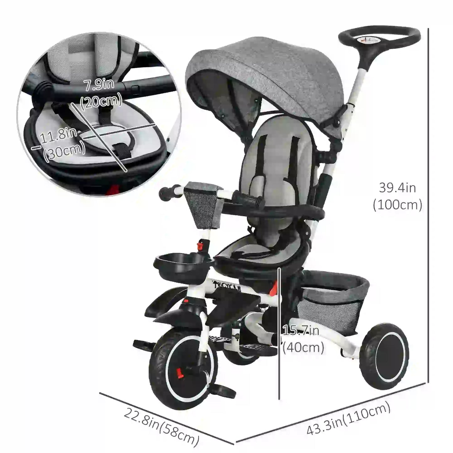 6-in-1 Toddler Tricycle, Adjustable Seat, Push Handle, Grey Tricycles for Kids at Gallery Canada
