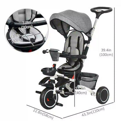 6-in-1 Toddler Tricycle, Adjustable Seat, Push Handle, Grey Tricycles for Kids at Gallery Canada