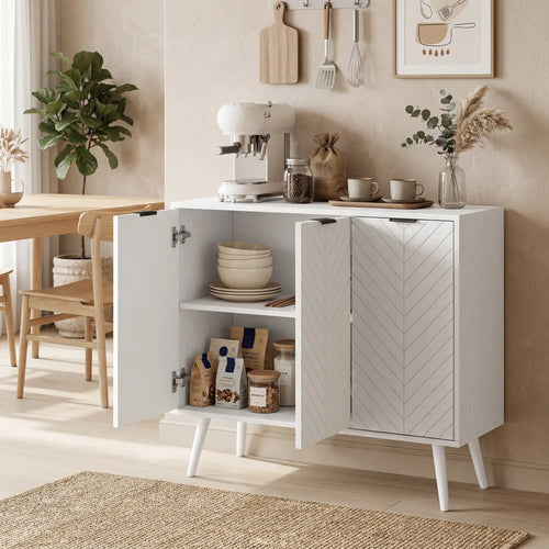 Modern Sideboard and Buffet, Dining Room Cabinet with Adjustable Shelves and 3 Doors, White