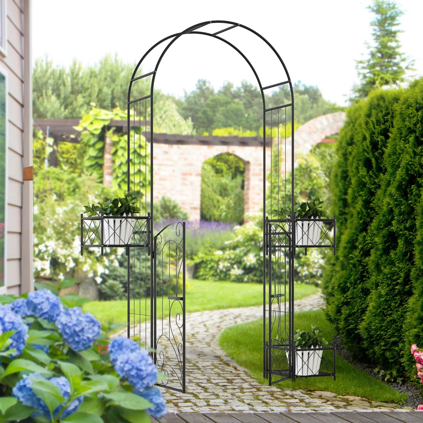 7.1FT Metal Garden Arch with Gate, 4 Planter Boxes, Black Garden Arches at Gallery Canada