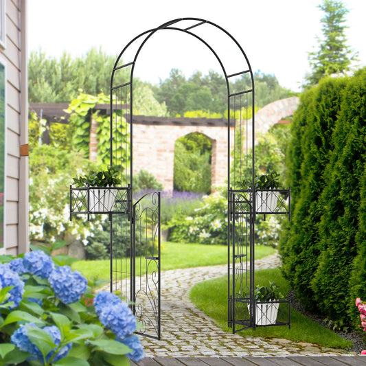 7.1FT Metal Garden Arch with Gate, 4 Planter Boxes, Black Garden Arches Black at Gallery Canada