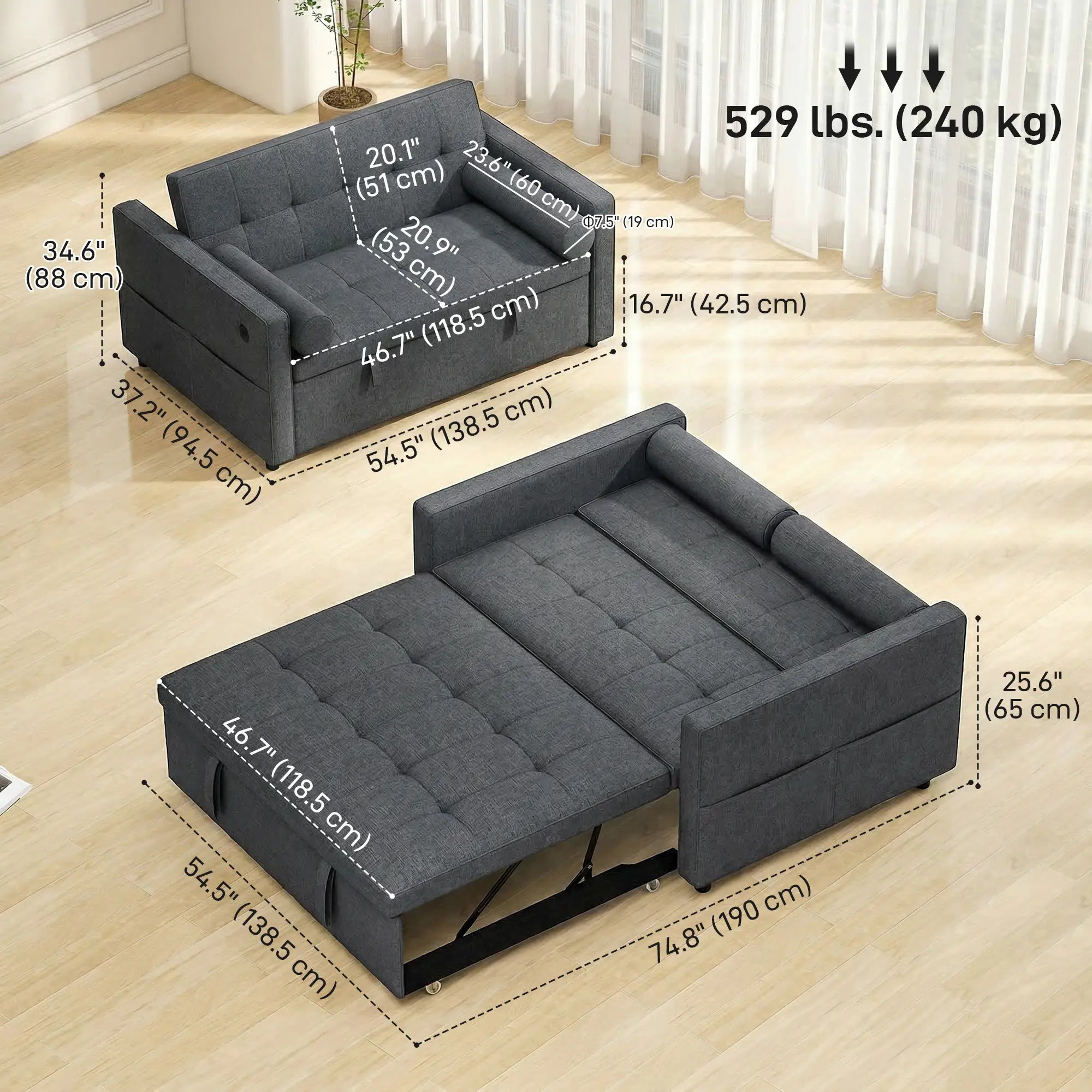 Pull Out Sofa Bed With USB Ports, Linen Loveseat Futon, Dark Grey 2-Seater Sofas at Gallery Canada
