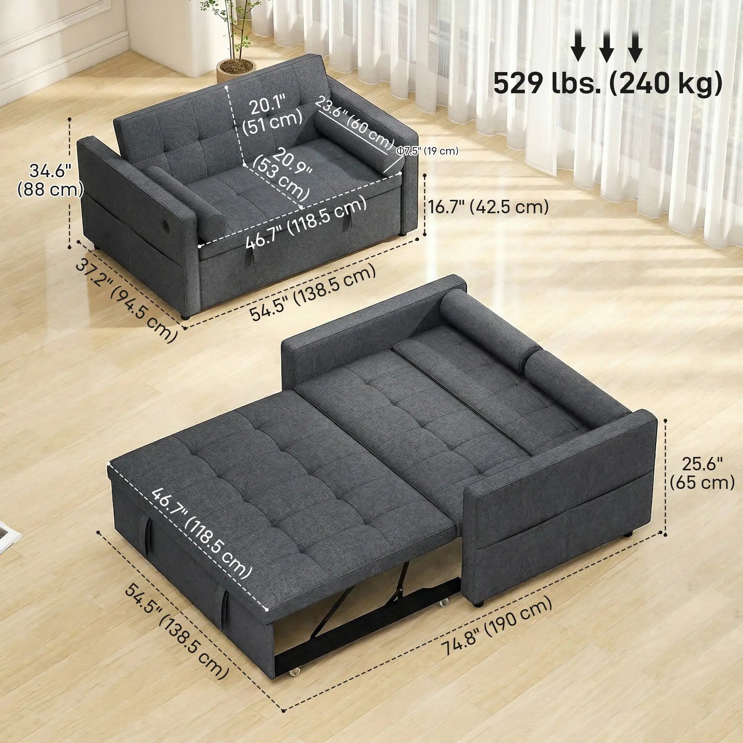 Pull Out Sofa Bed With USB Ports, Linen Loveseat Futon, Dark Grey 2-Seater Sofas at Gallery Canada