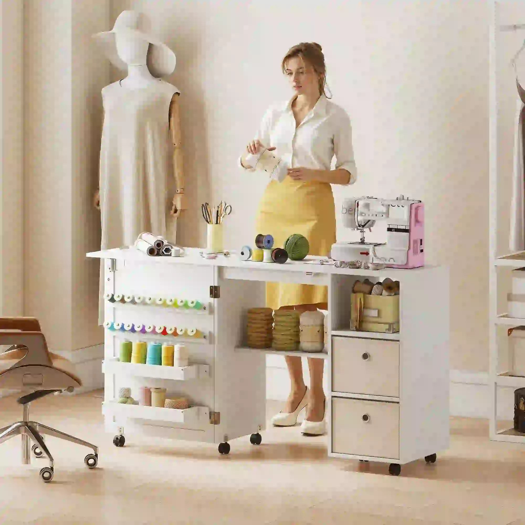 Rolling Sewing Machine Table, Folding Craft Table with Drawers, White Sewing Cabinets at Gallery Canada