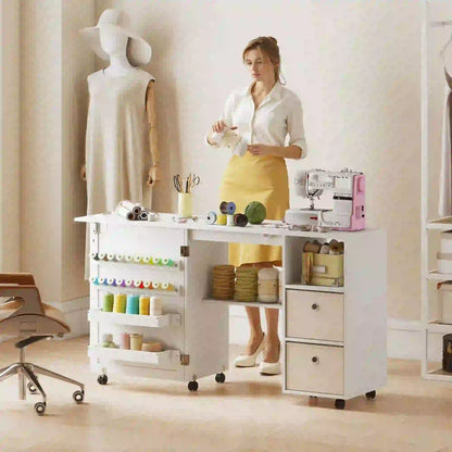 Rolling Sewing Machine Table, Folding Craft Table with Drawers, White Sewing Cabinets at Gallery Canada