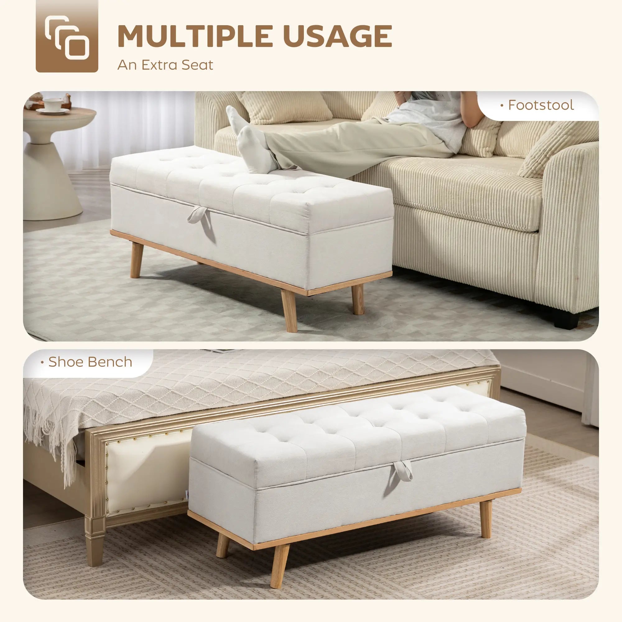 Storage Ottoman Bench with Lift-Up Lid, Wood Legs, Cream White Storage Ottomans & Benches at Gallery Canada