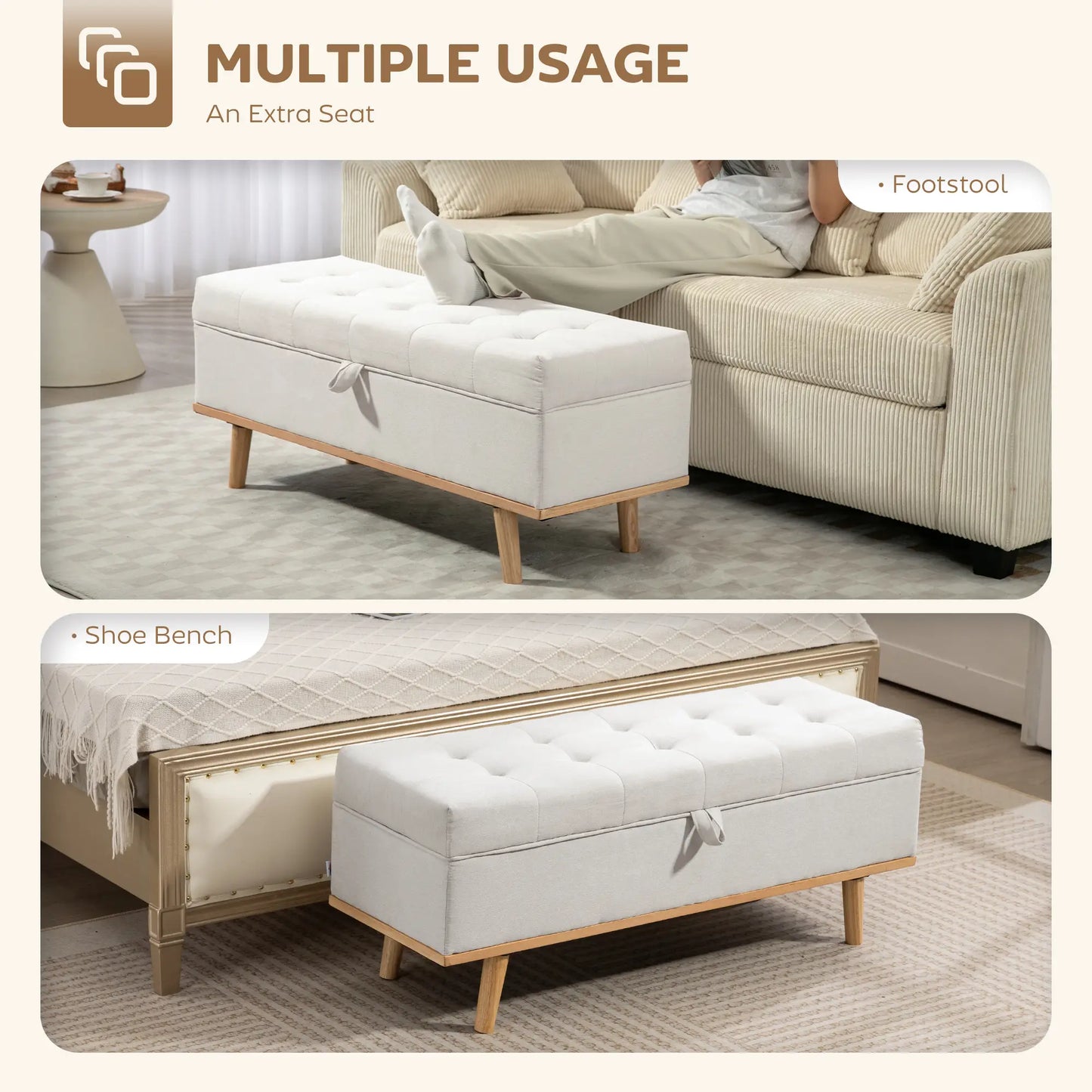 Storage Ottoman Bench with Lift-Up Lid, Wood Legs, Cream White Storage Ottomans & Benches at Gallery Canada