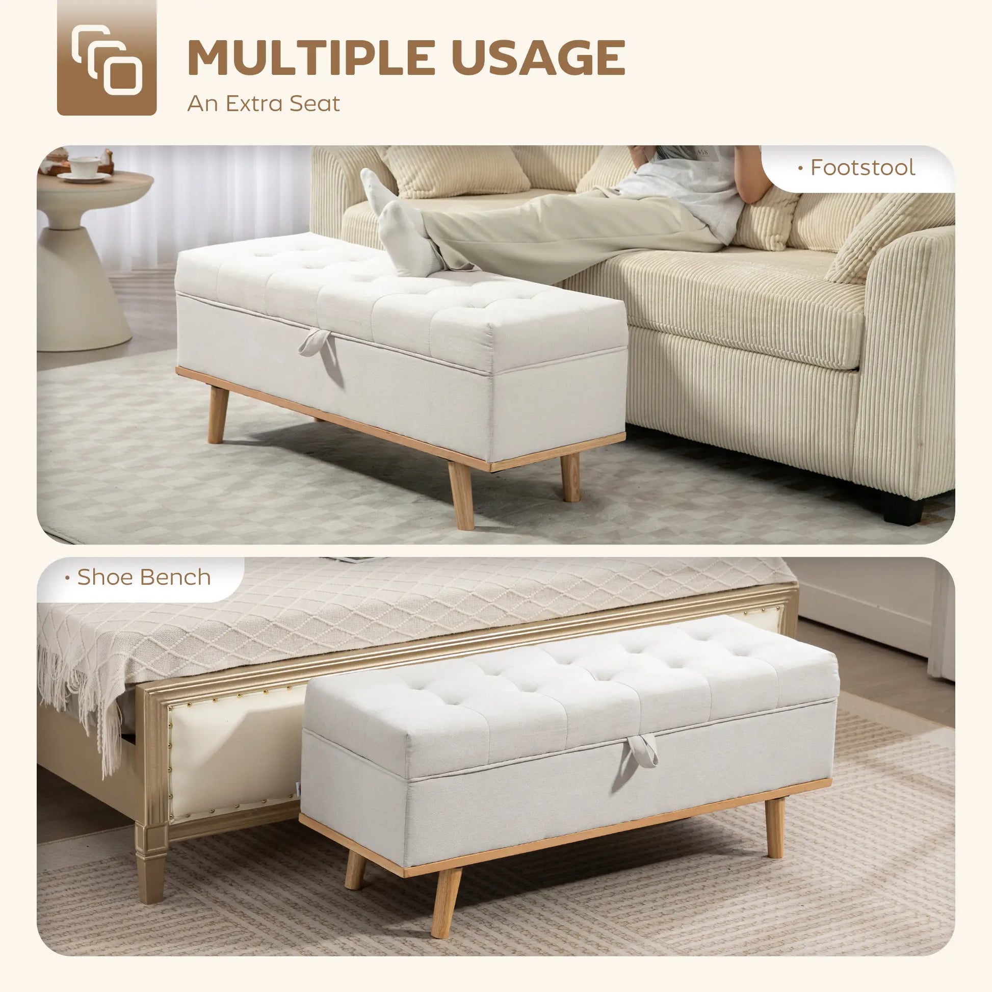 Storage Ottoman Bench with Lift-Up Lid, Wood Legs, Cream White Storage Ottomans & Benches at Gallery Canada