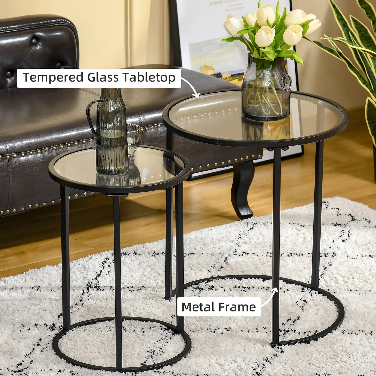 Set of 2 Nesting Coffee Tables, Round Side Table with Tempered Glass Top, Black Side Tables at Gallery Canada