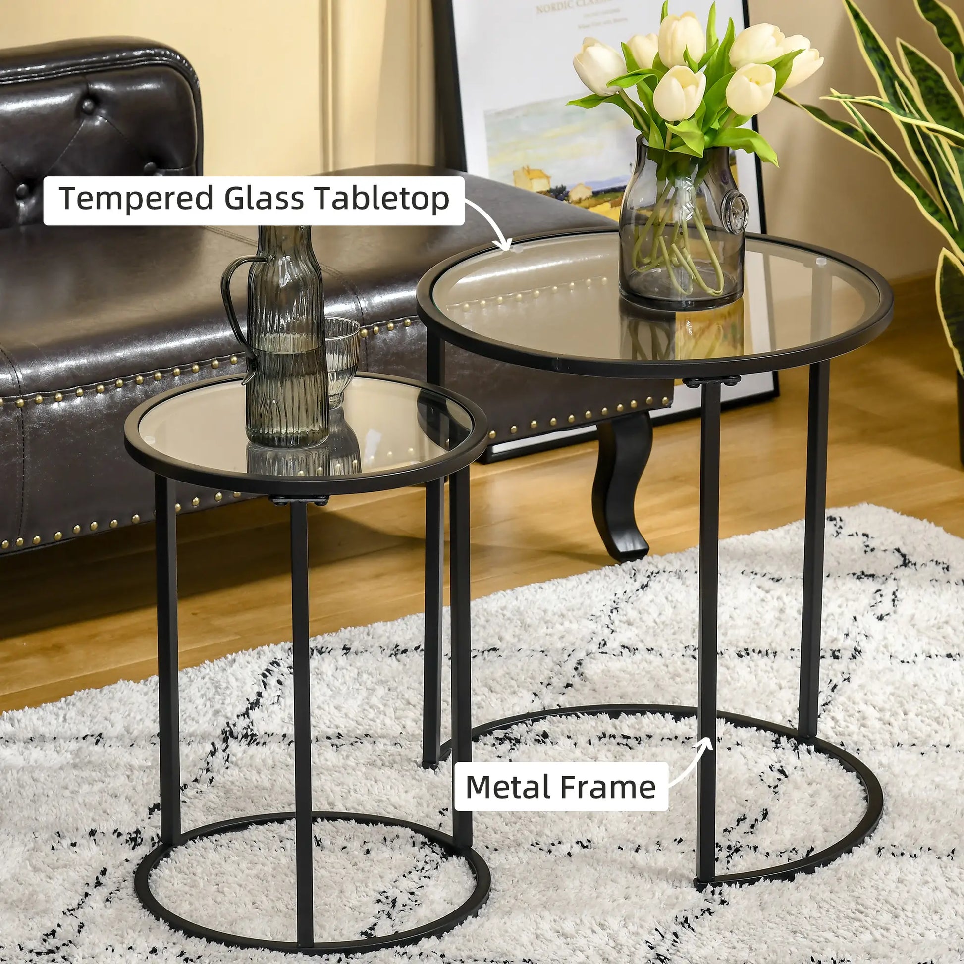 Set of 2 Nesting Coffee Tables, Round Side Table with Tempered Glass Top, Black Side Tables at Gallery Canada