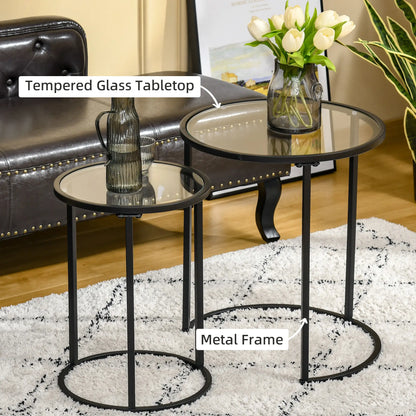 Set of 2 Nesting Coffee Tables, Round Side Table with Tempered Glass Top, Black Side Tables at Gallery Canada